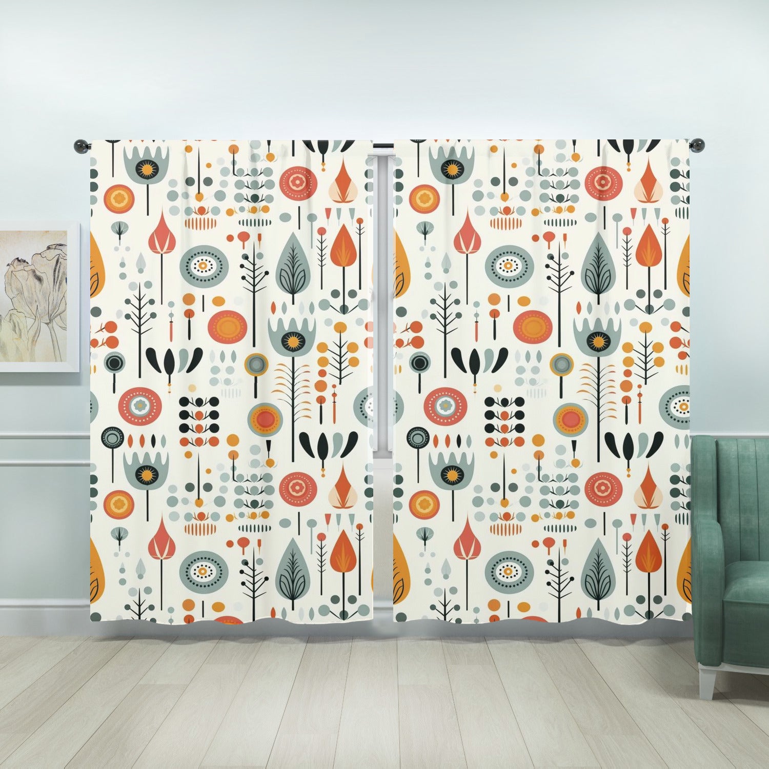 Mid Century Modern Scandinavian Floral, Mod Retro Opaque Window Curtains - Mid Century Modern Gal