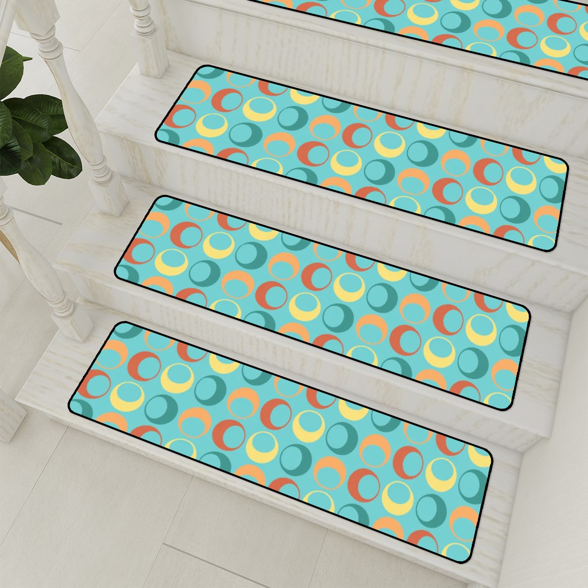 Mid Century Modern Aqua Retro Circles Mod Non Slip Carpet for Stairs Treads - Mid Century Modern Gal