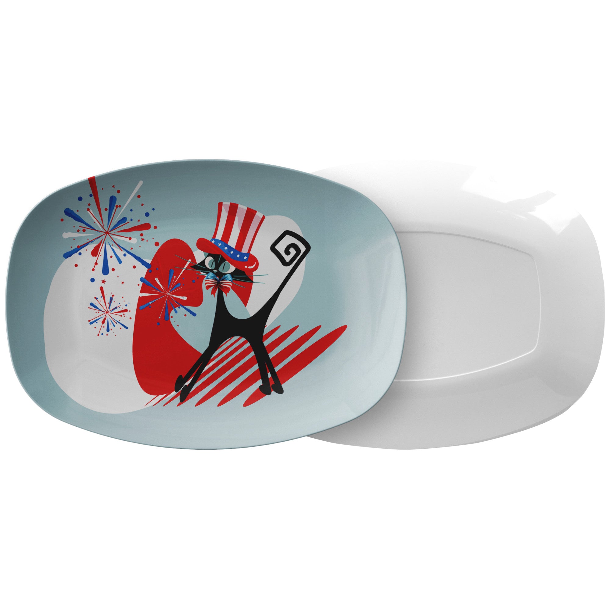 4th Of July BBQ Platter, Patriotic Atomic Kittie, Mid Mod Party Platter - Mid Century Modern Gal