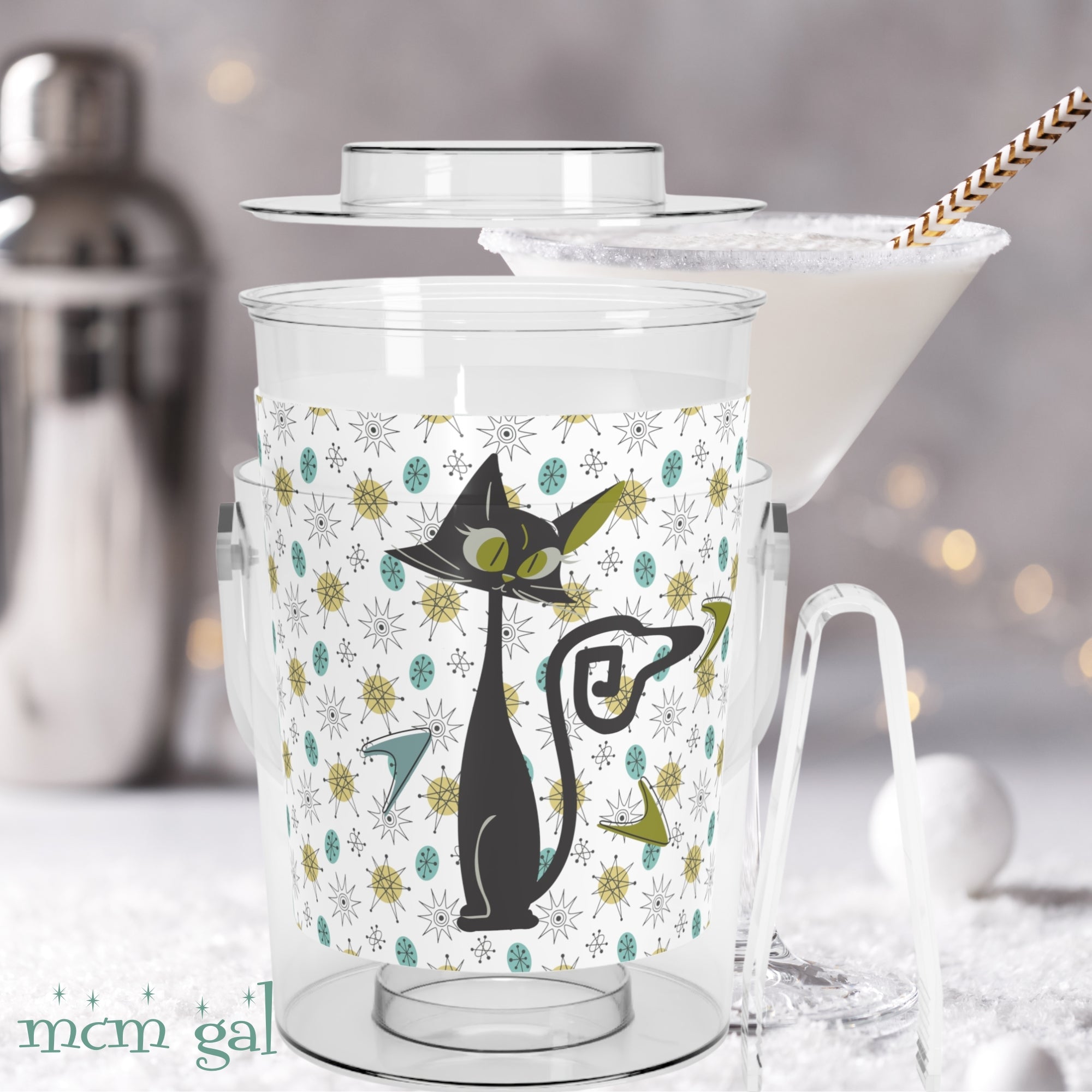 Franciscan Starburst Pattern, Atomic Cat Mid Century Modern Ice Bucket with Tongs Summer Retro Outdoor Entertaining - Mid Century Modern Gal