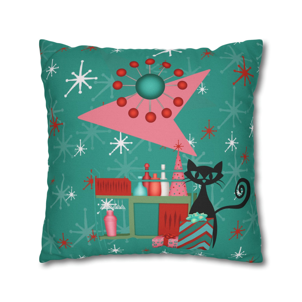 50's Atomic Cat Christmas Design, Kitschy Fun Cocktail Party Retro Christams Home Decor Pillow Cover Home Decor