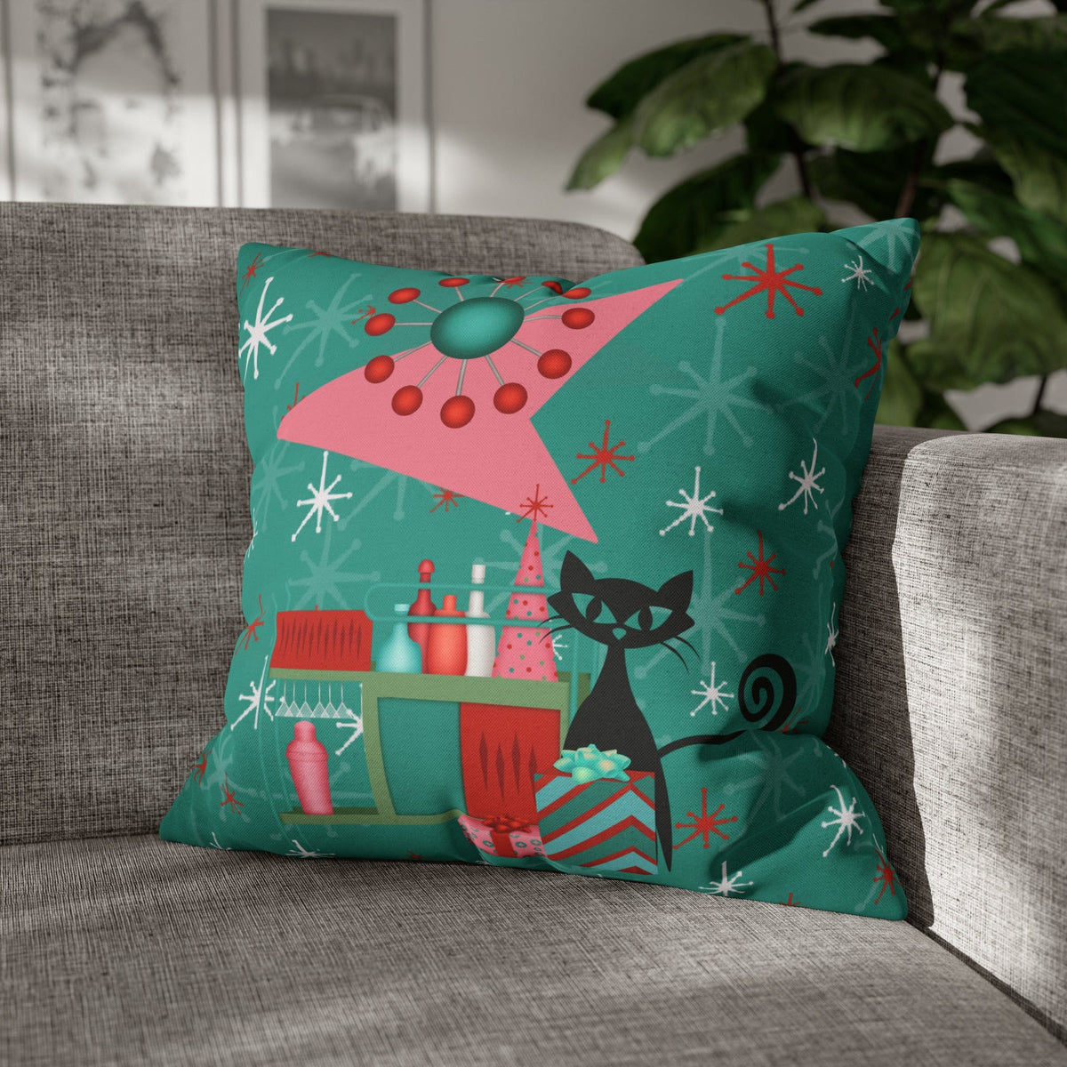 50's Atomic Cat Christmas Design, Kitschy Fun Cocktail Party Retro Christams Home Decor Pillow Cover Home Decor