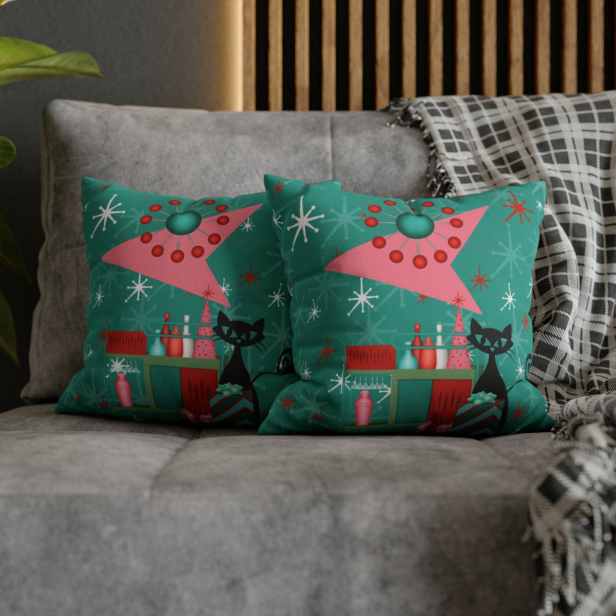 50's Atomic Cat Christmas Design, Kitschy Fun Cocktail Party Retro Christams Home Decor Pillow Cover Home Decor