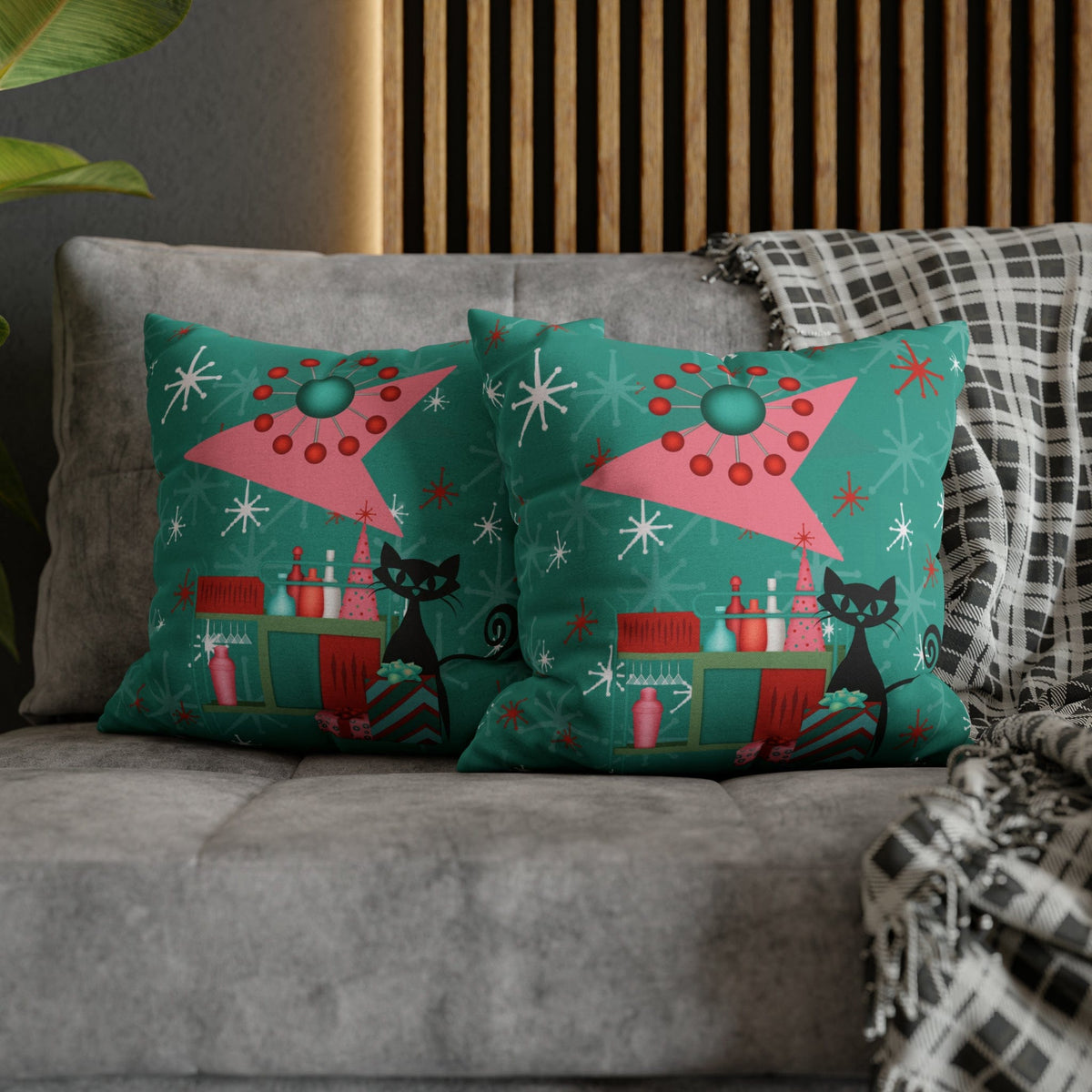 50's Atomic Cat Christmas Design, Kitschy Fun Cocktail Party Retro Christams Home Decor Pillow Cover Home Decor