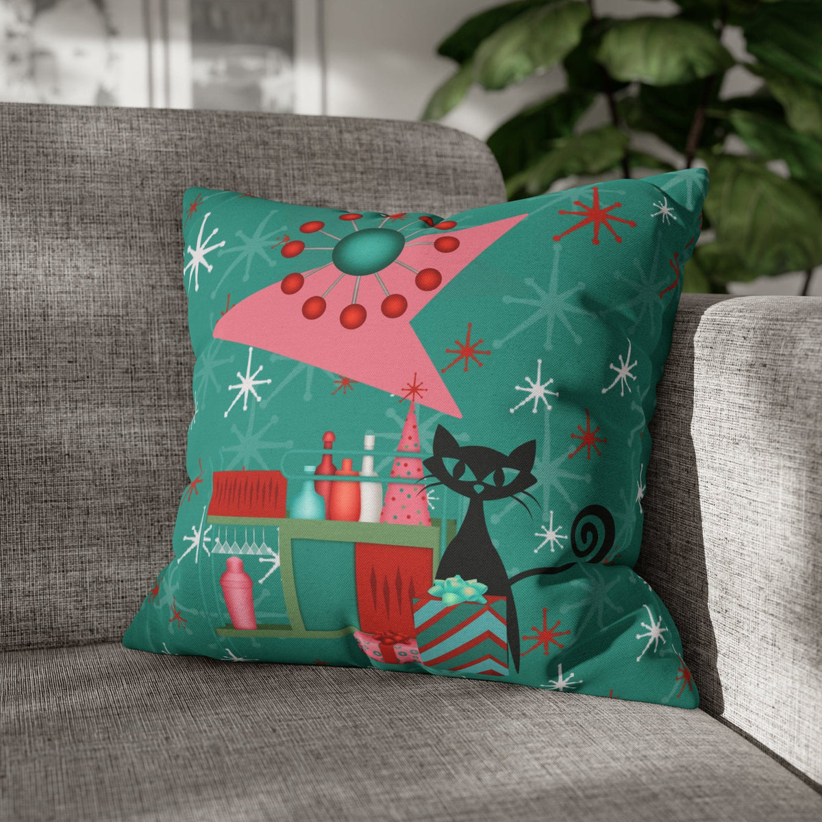 50's Atomic Cat Christmas Design, Kitschy Fun Cocktail Party Retro Christams Home Decor Pillow Cover Home Decor
