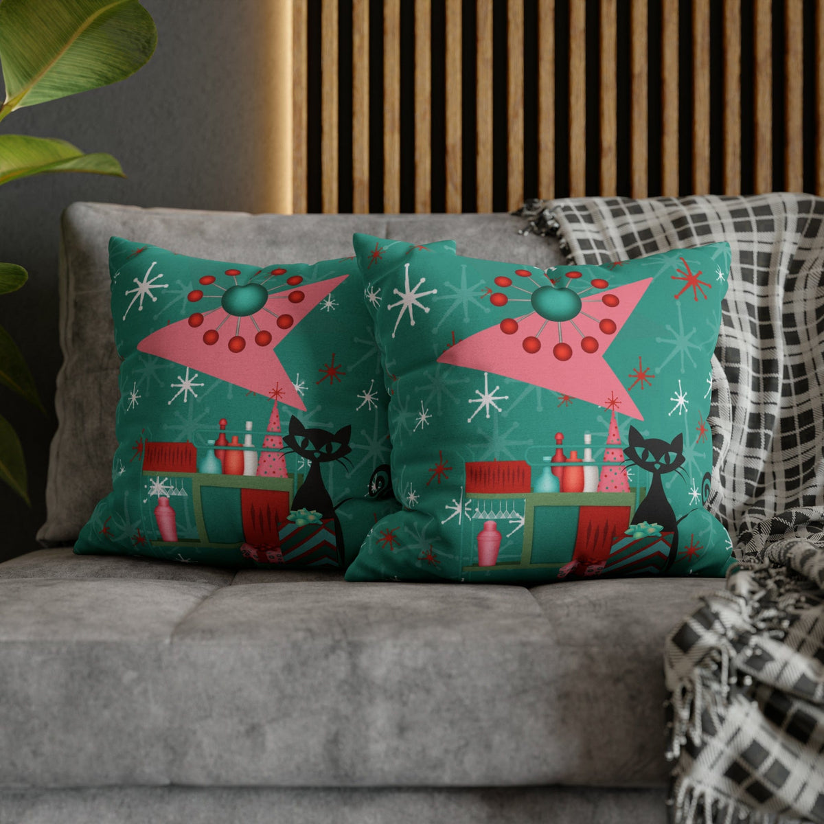 50's Atomic Cat Christmas Design, Kitschy Fun Cocktail Party Retro Christams Home Decor Pillow Cover Home Decor