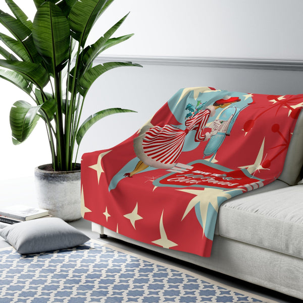 50's Christmas Decor, HolidayMid Century Modern Kitschy Cozy Throw Blanket, Red, Aqua Blue Starbursts, Sherpa Fleece Blanket
