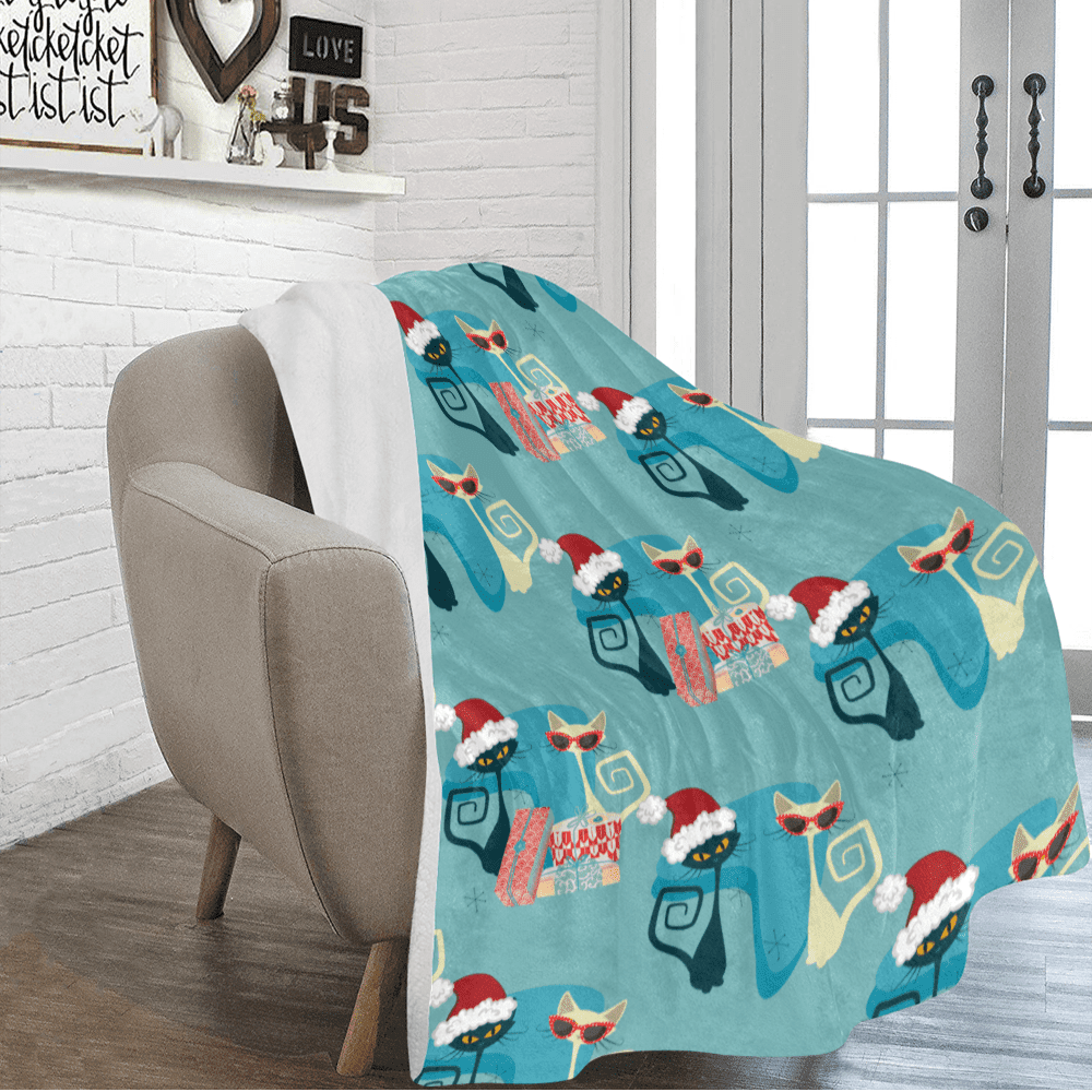 Retro Atomic Cat 50's 60's Christmas Blanket Blue Boomerang Mid Century Modern MCM Home Decor Sherpa Fleece Blanket Home Decor 50" × 60"