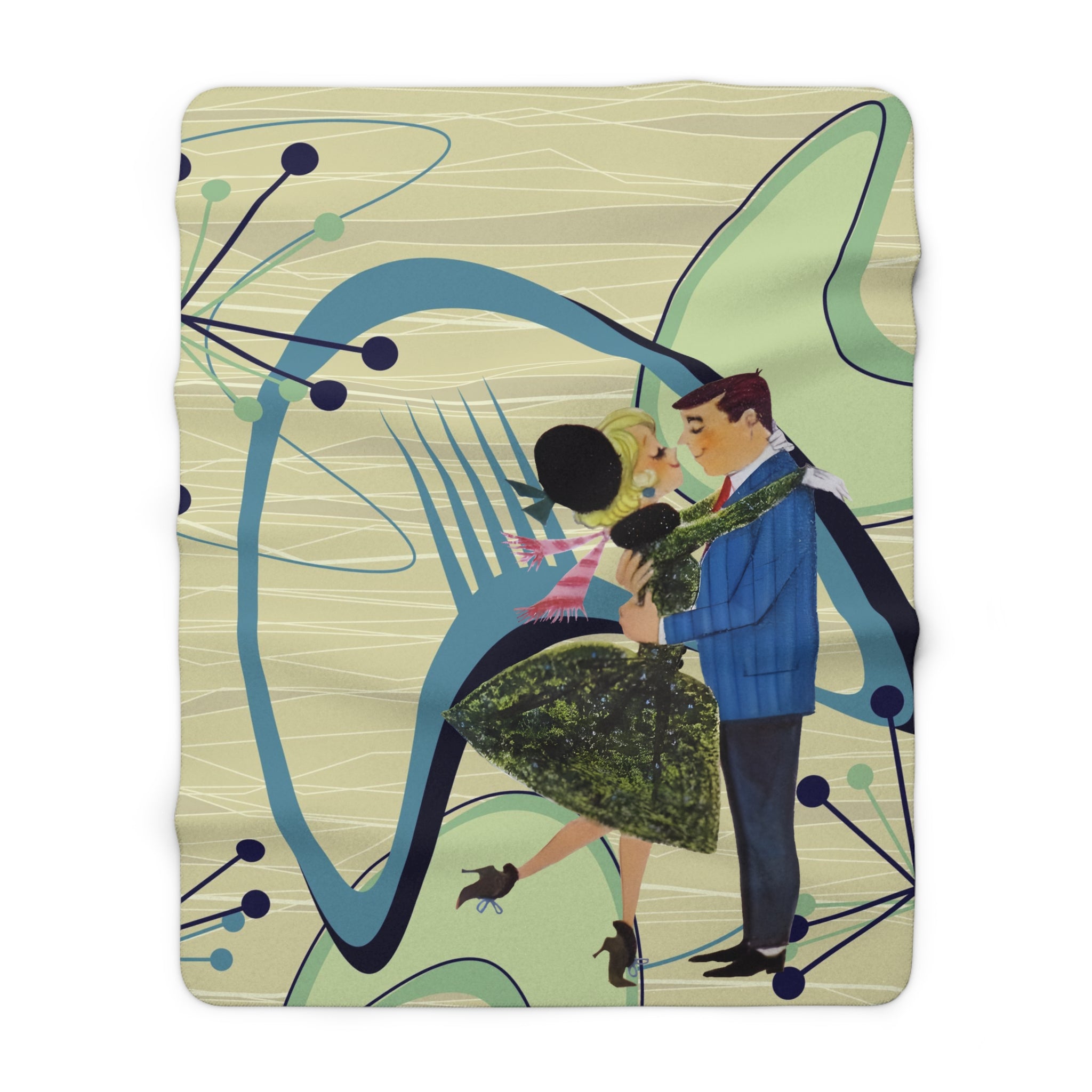 50s Vintage Kitschy Christmas Atomic Boomerang Mod Couple, Christmas Blanket Throw MCM X-mas Gifts - Mid Century Modern Gal