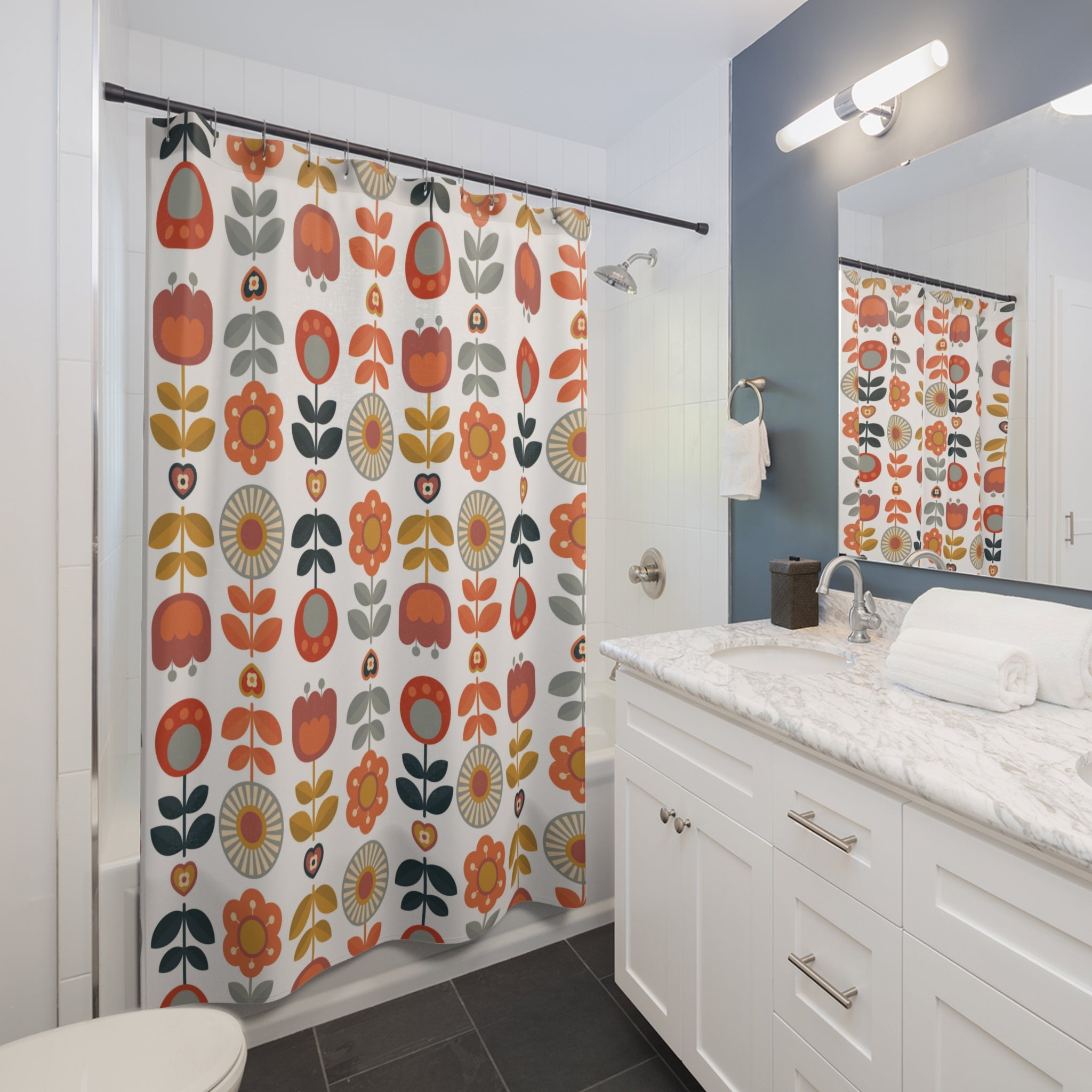 Scandinavian Modern Danish Vintage Floral Shower Curtain - Boho Home Decor for Bright and Cheerful Bathrooms - Mid Century Modern Gal