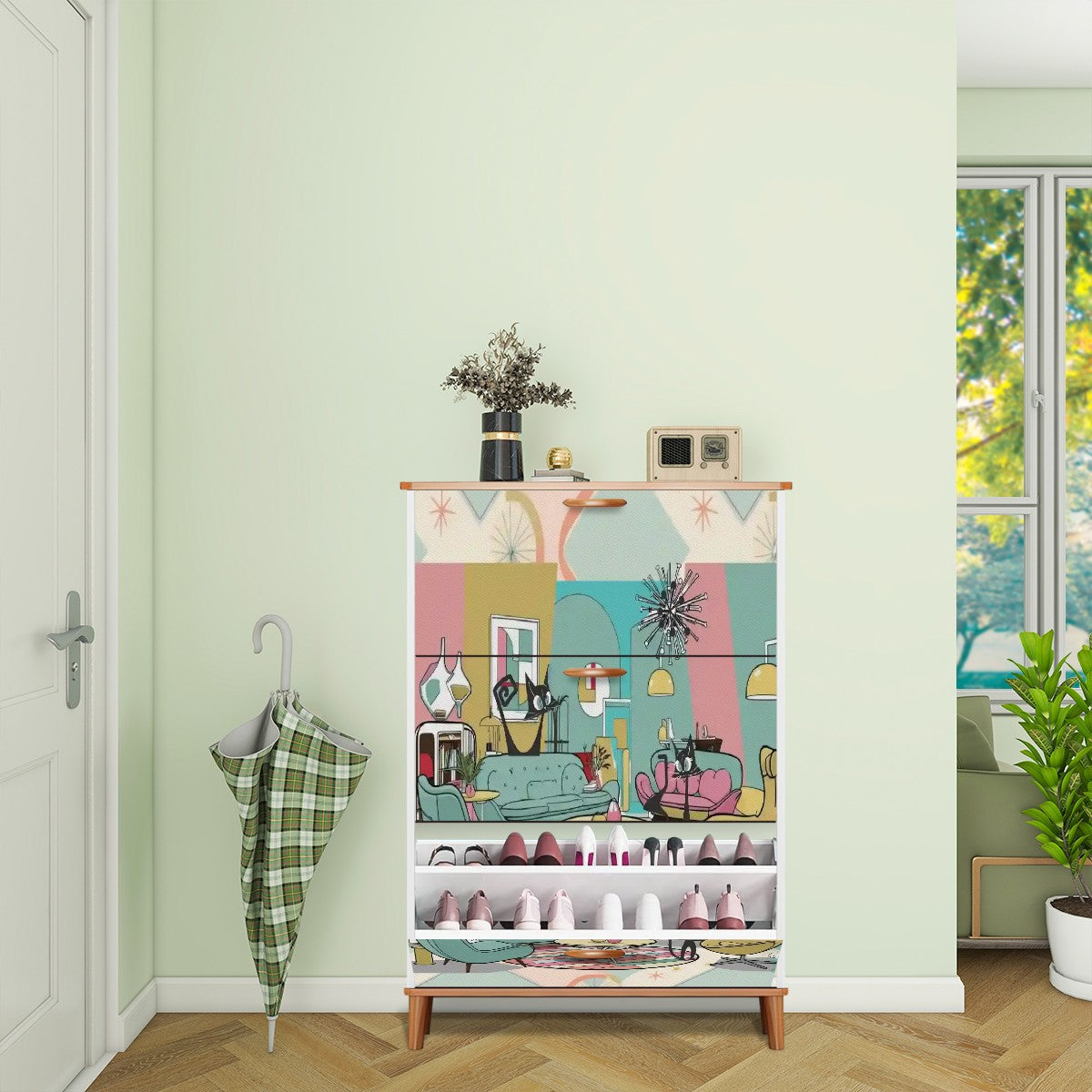 Atomic Cat, Mid Century Modern Lounging Retro Cats, MCM Shoe Cabinet - Mid Century Modern Gal