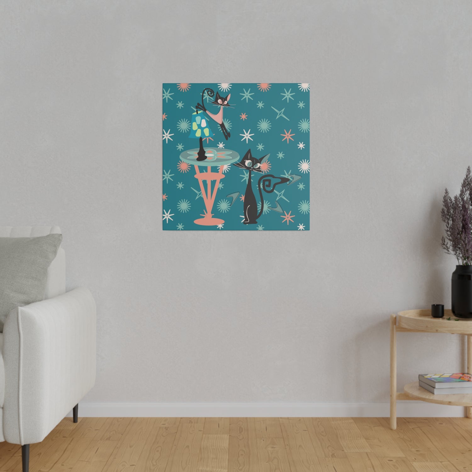 Crazy Atomic Cats, Cat Mom, Kitschy Mid Century Modern Teal Blue, Coral Pink, Mid Century Modern Wall Art - Mid Century Modern Gal