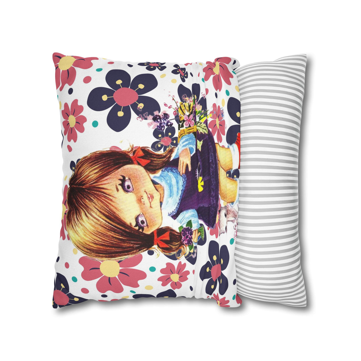 Vintage 60's Big Eyed Cute Girl, Violets, Flower Power, Groovy Hippie Vibes, Pillow COVER Only - Mid Century Modern Gal