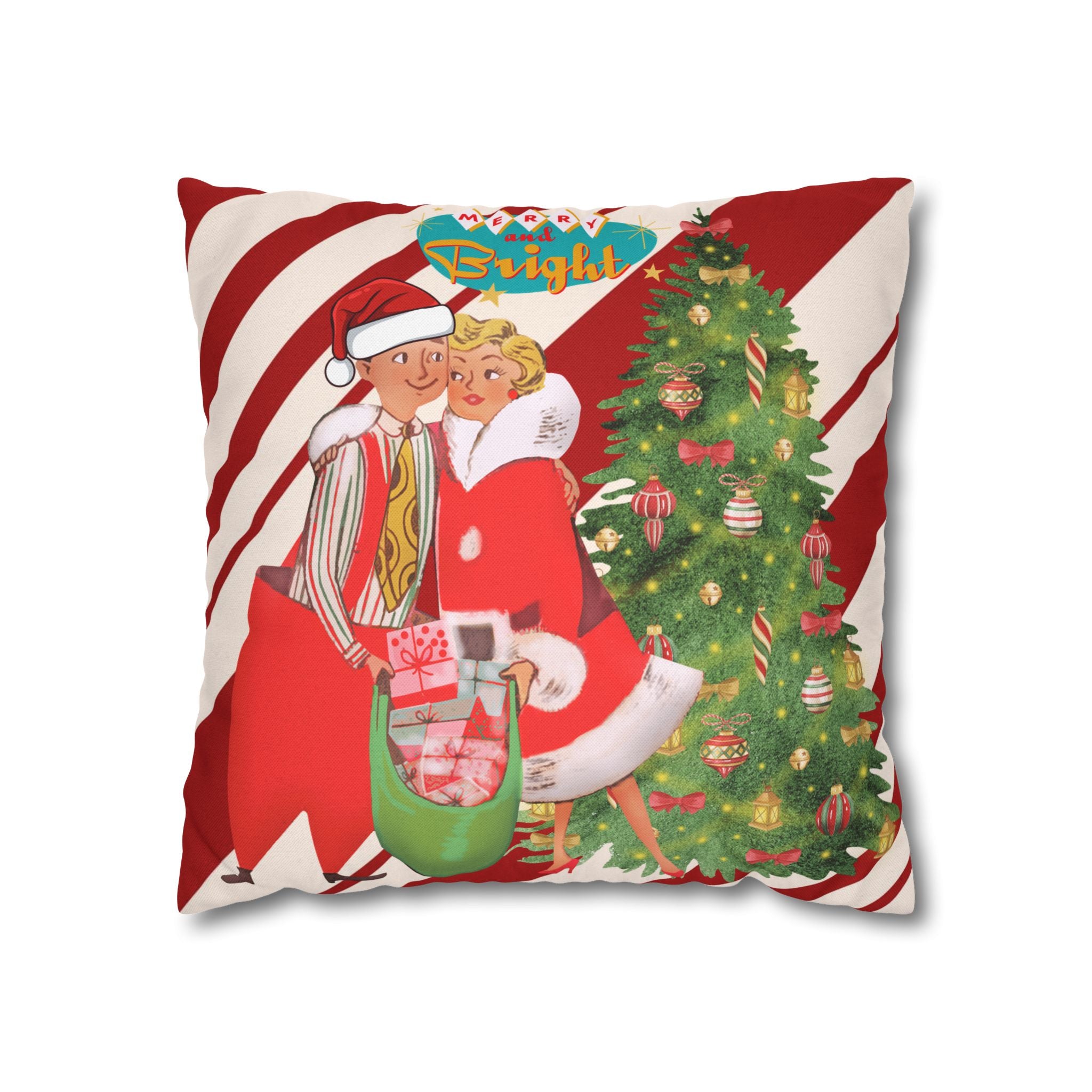 Retro Vintage Christmas Pillow Cover, Red And White Candy Cane Striped, Mid Century Modern Christmas Card Kitschy Holiday Throw - Mid Century Modern Gal