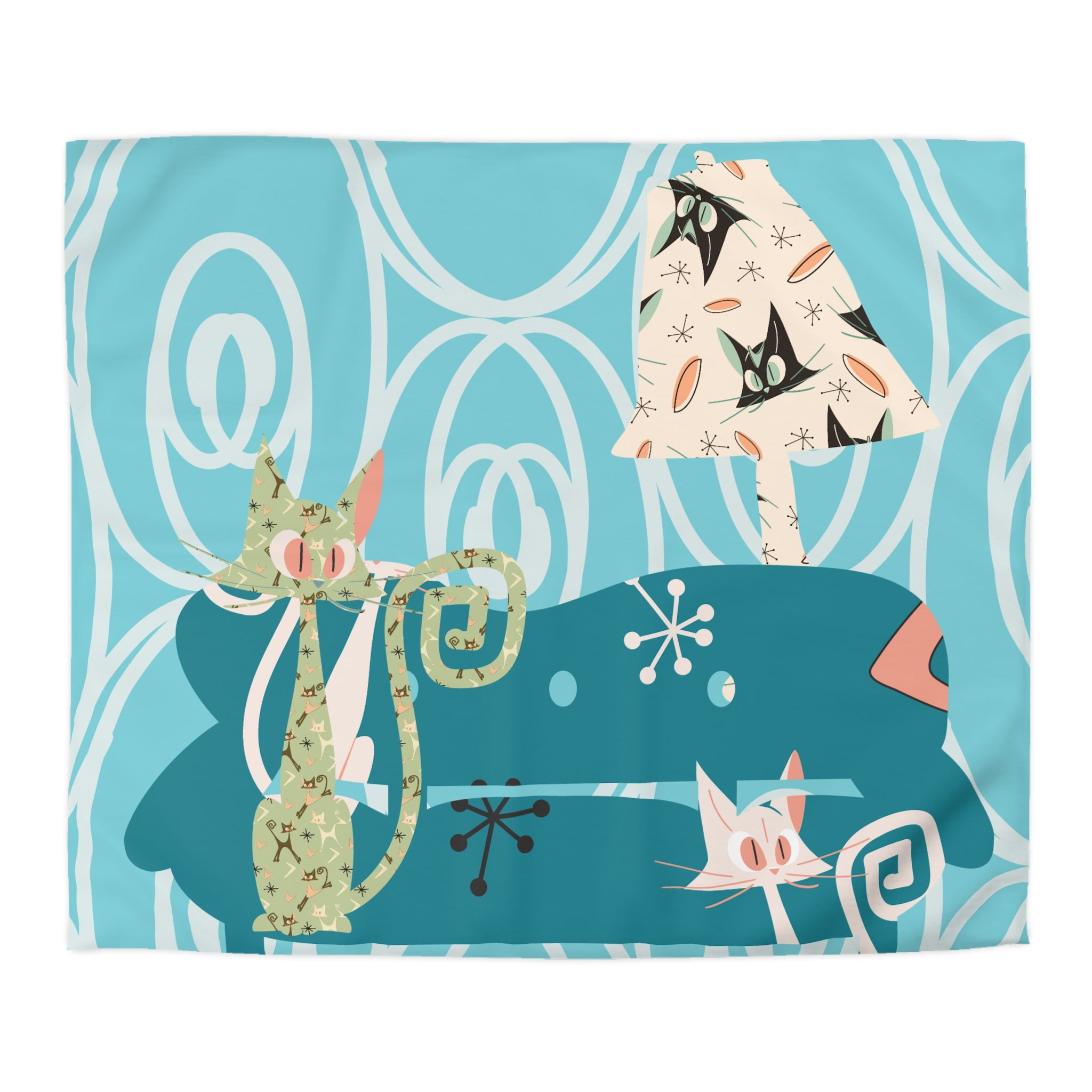 Atomic Cat Bedding, Mid Century Modern Style, Quirky, Whimsical Blue, Coral, Kitschy 50s Funky Fun MCM Duvet Cover - Mid Century Modern Gal