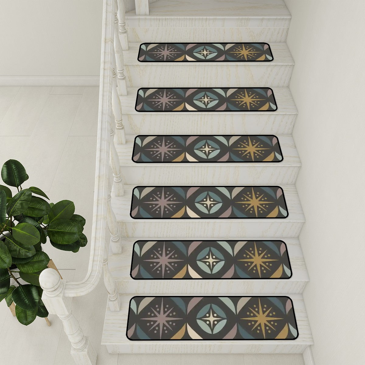 Mid Century Modern Elegant Gray Geometric Starburst Non Slip Carpet for Stairs Treads - Mid Century Modern Gal