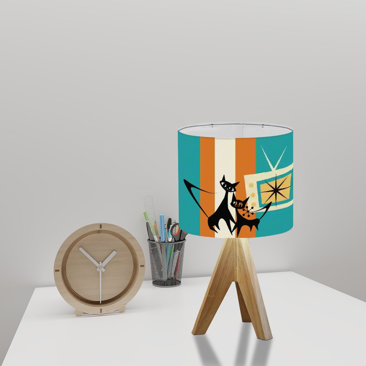 Atomic Cat Tripod Table Lamp, Mid Century Modern Orange, Teal Cream MCM Decor - Mid Century Modern Gal