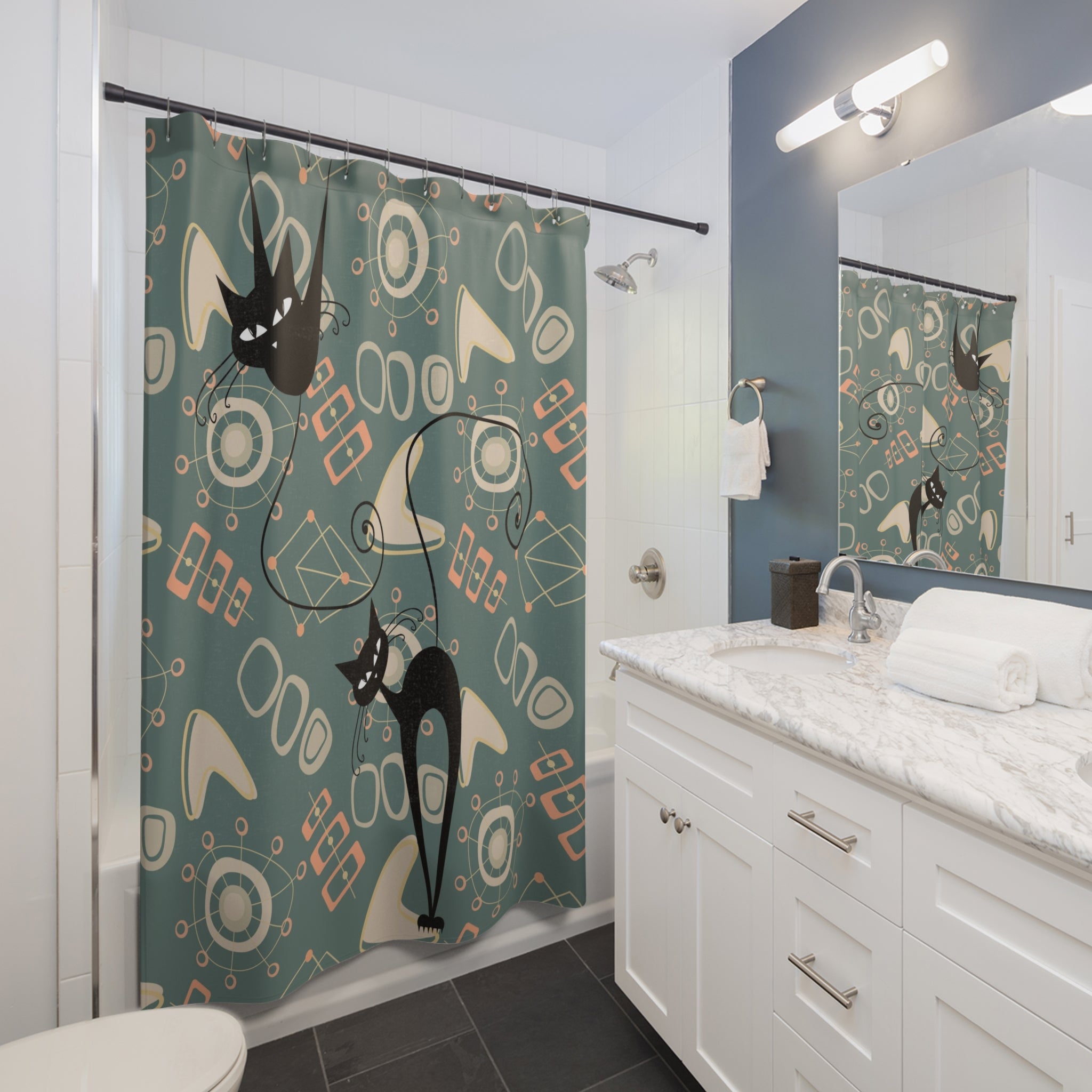 Atomic Cat Shower Curtain, Mid Mod Retro Kitschy, Mid Century Modern Googie Designs Bathroom Shower Curtain - Mid Century Modern Gal