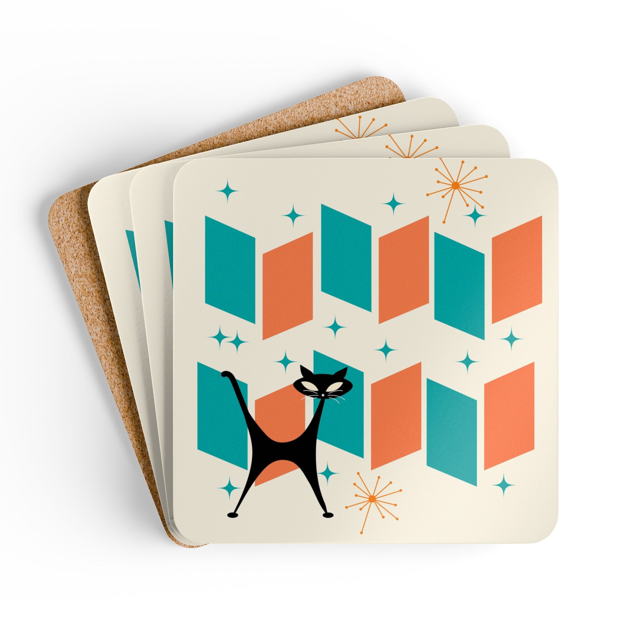 Atomic Cat Coaster Set, Orange, Teal, Retro Mod Corkwood Coaster Set - Mid Century Modern Gal