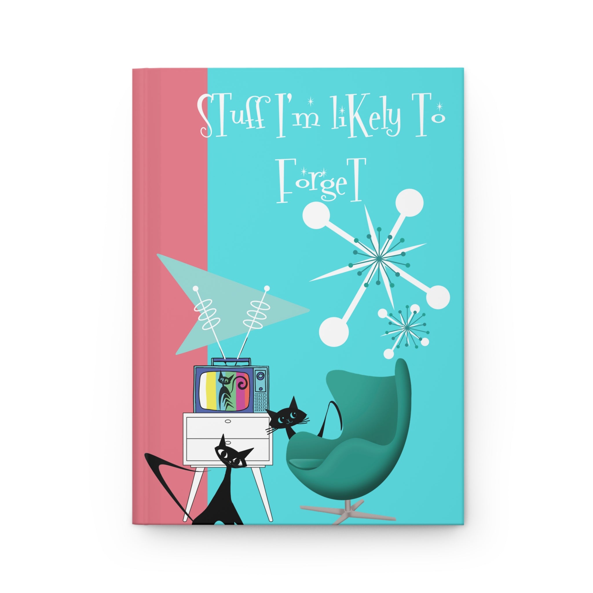 Atomic Cats Hardcover Journal Notebook, Pink, Aqua Blue, Daily Planner Book - Mid Century Modern Gal