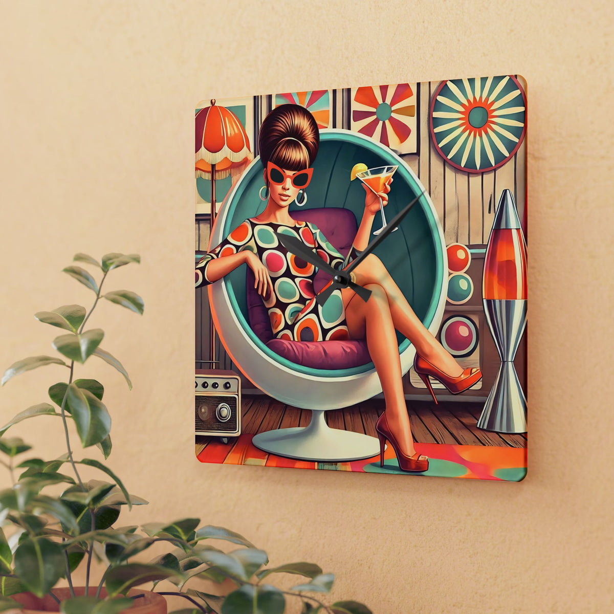 60s Mod Gal, Mid Century Modern Kitschy Acrylic Wall Clock - Mid Century Modern Gal