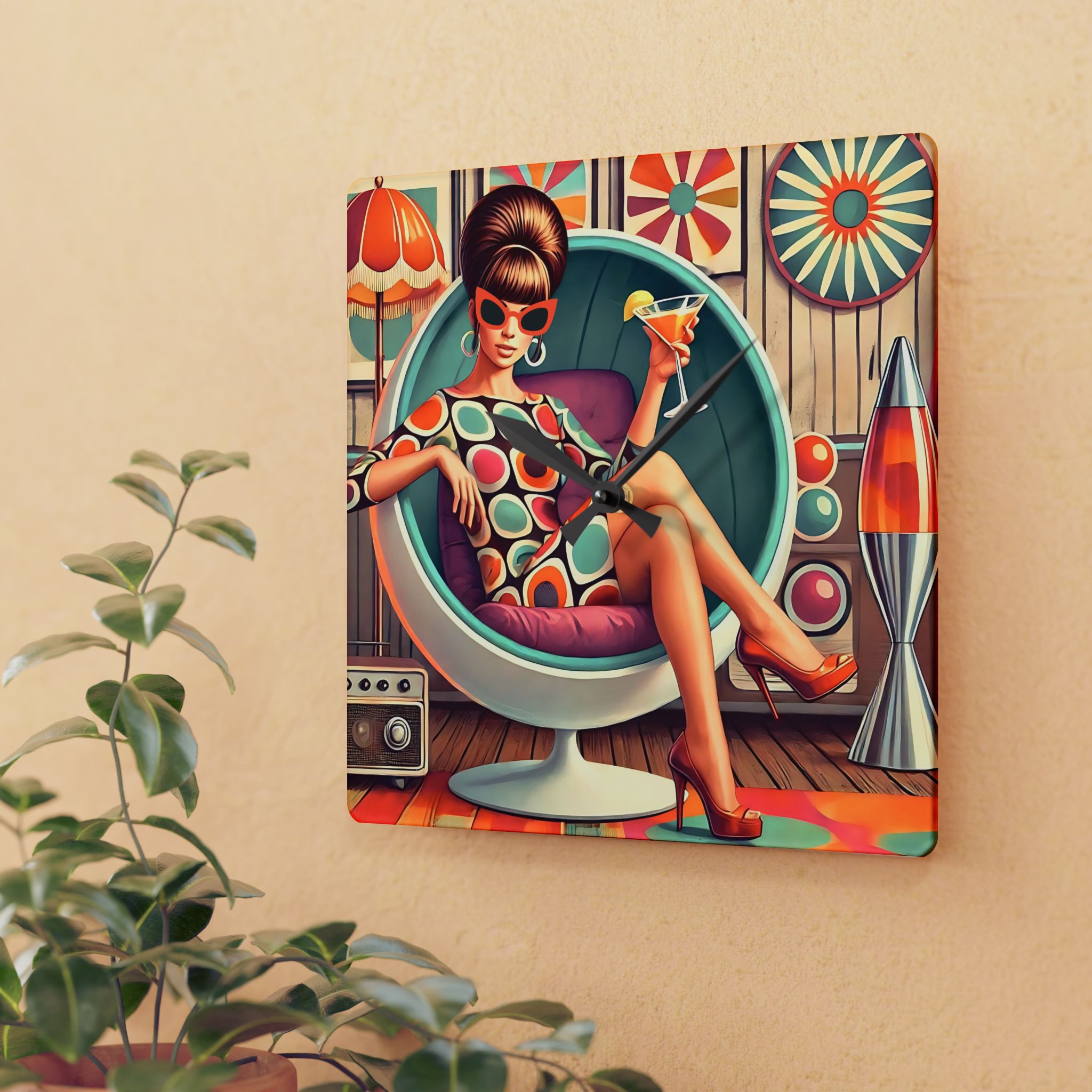 60s Mod Gal, Mid Century Modern Kitschy Acrylic Wall Clock - Mid Century Modern Gal