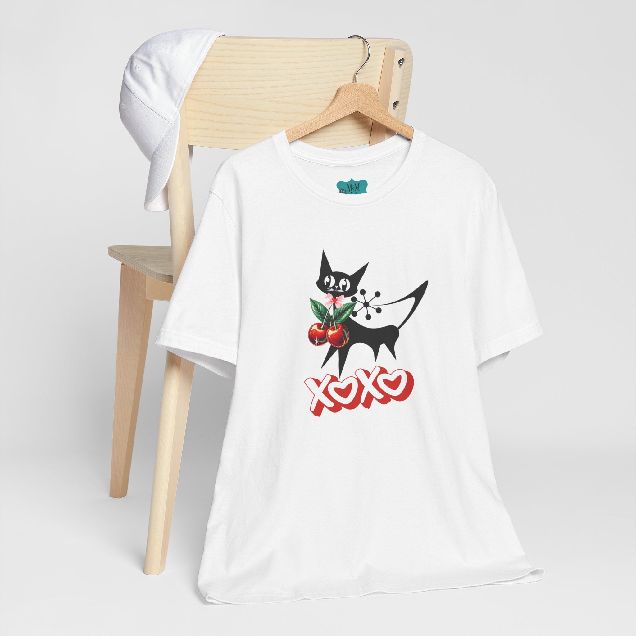 Atomic Cat Valentine Retro Cherries, Playful Cat Graphic Tee, XOXO Love Shirt, Gift for Cat Lovers, Fun Atomic Cherry 50s Fashion - Mid Century Modern Gal