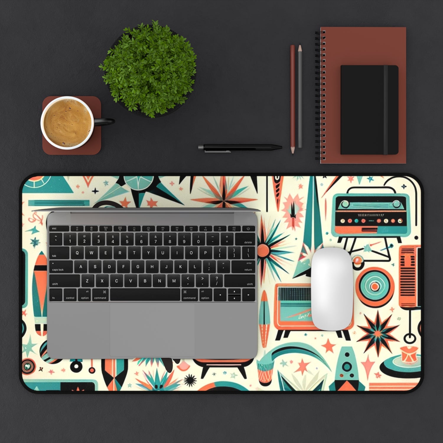 Atomic Space Cat Mid Century Modern  Aqua Coral, Kitschy Desk Mat - Mid Century Modern Gal