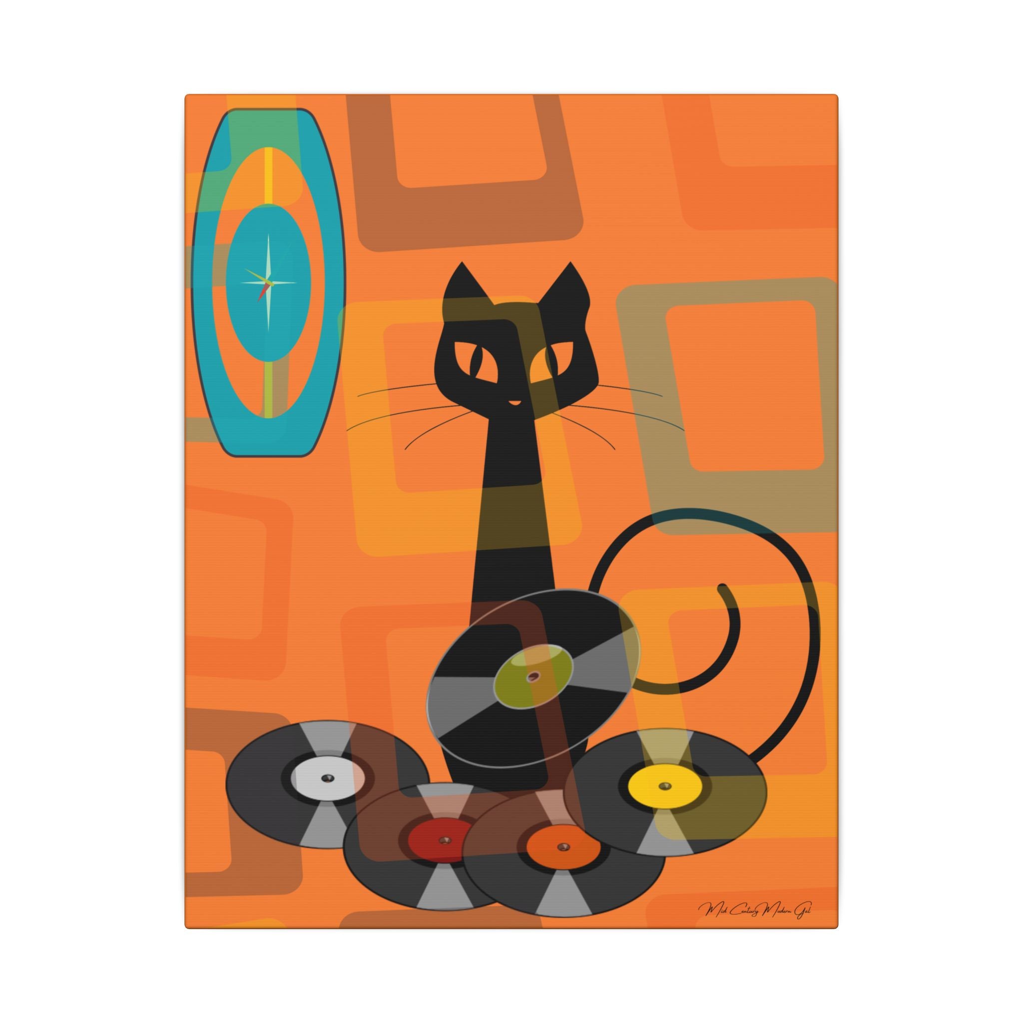 Atomic Cat Retro Groovy Records Mid Century Modern Orange Geometric, Canvas Gallery MCM Mid Mod Wall Art - Mid Century Modern Gal