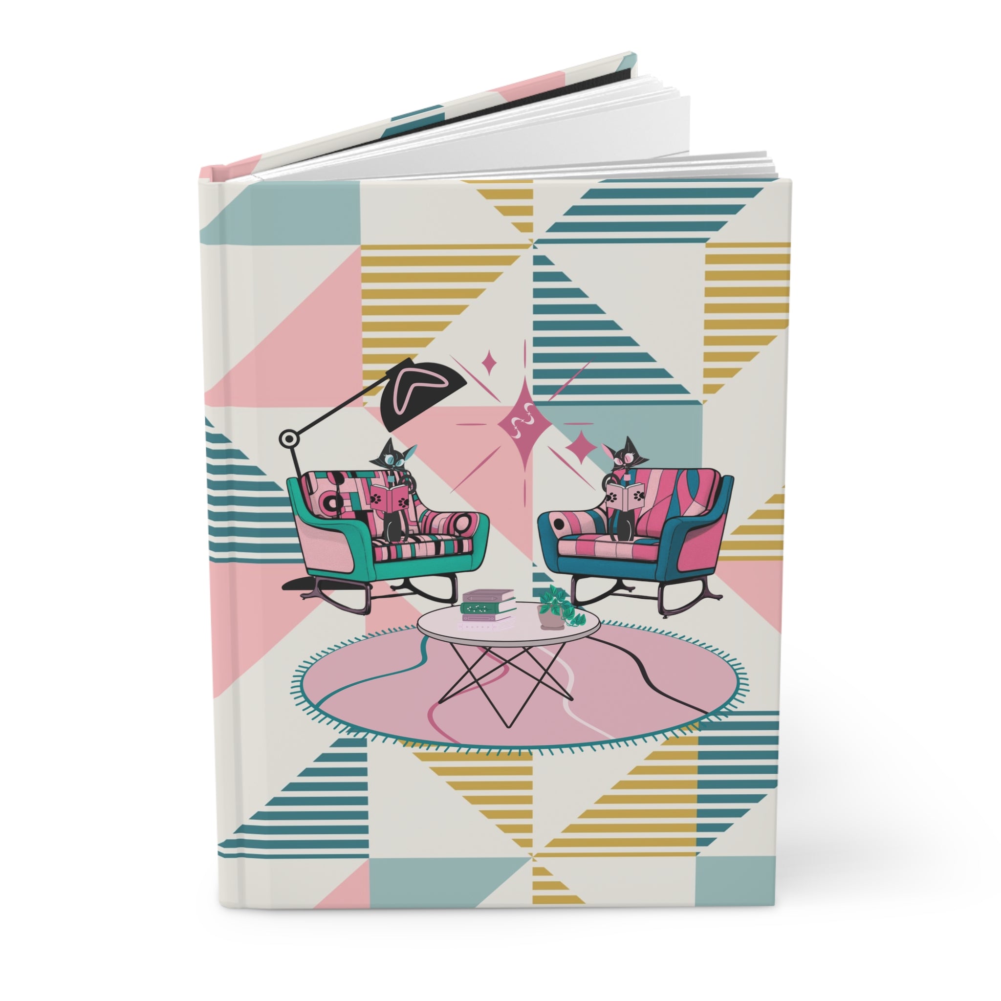 Reading Cats, Kitschy Mid Mod Geometric Patterned Hardcover Journal for Creative Thinking - Mid Century Modern Gal