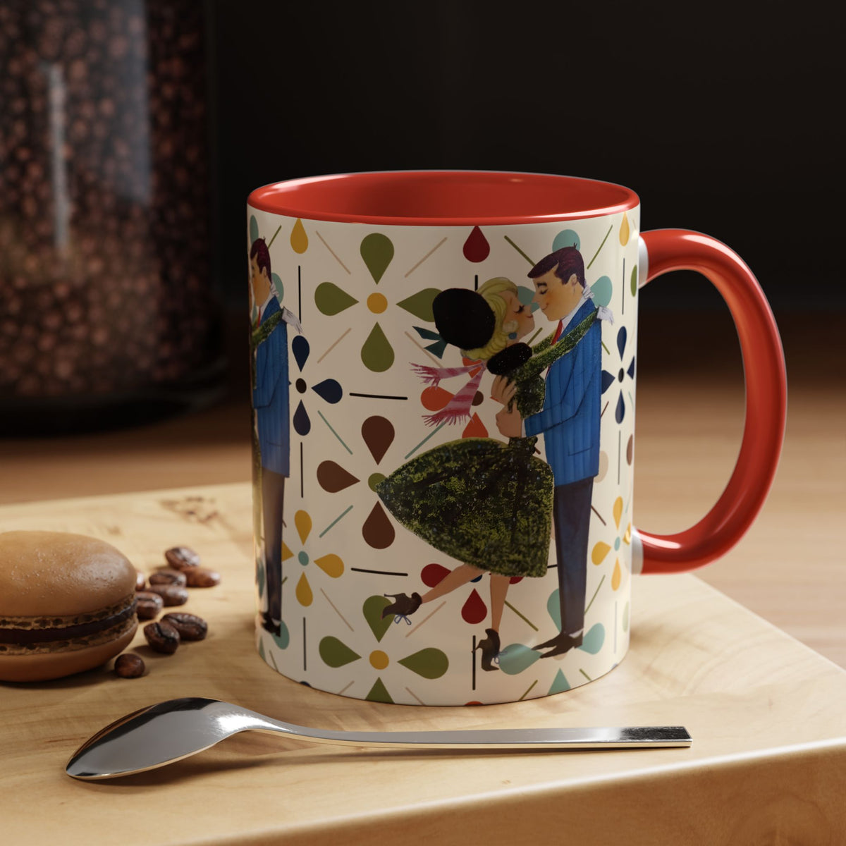 Mid Century Modern 50s Christmas mug featuring a couple dancing among colorful floral patterns, perfect for festive drinks.