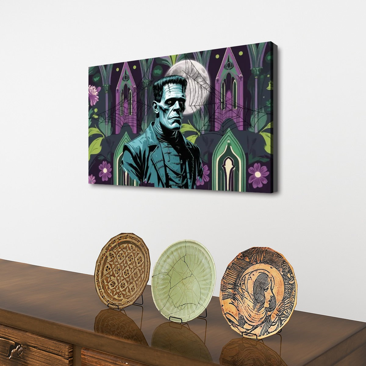 Retro Frankenstein Gothic Mid Mod Wall Art, Purple, Green Spookie Style - Mid Century Modern Gal