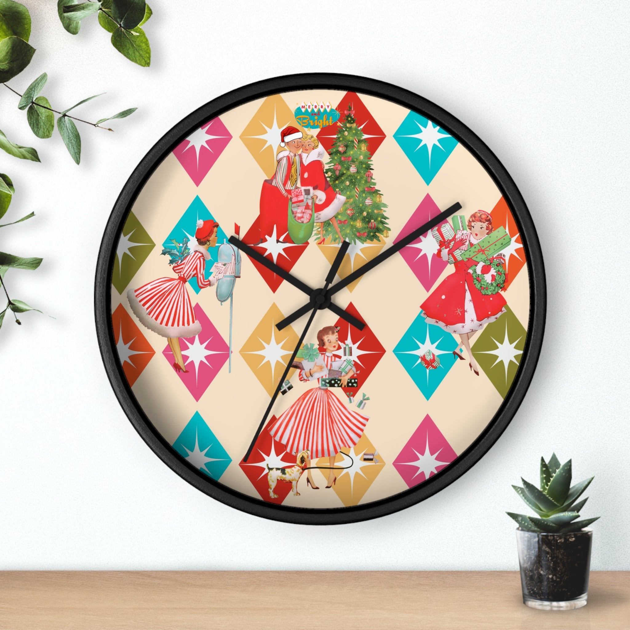 Holiday Retro Vintage Christmas Kitsch, Mid Century Modern Christmas Card Fun Kitschy 50s X-mas Wall Clock - Mid Century Modern Gal