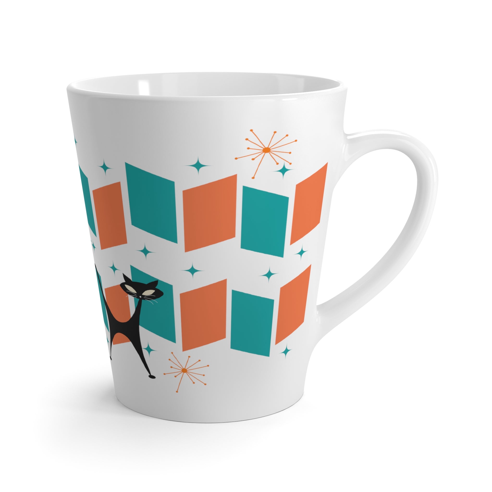 Atomic Cat Latte Mug, Mod Orange, Teal, Retro Kitchenware Mug - Mid Century Modern Gal