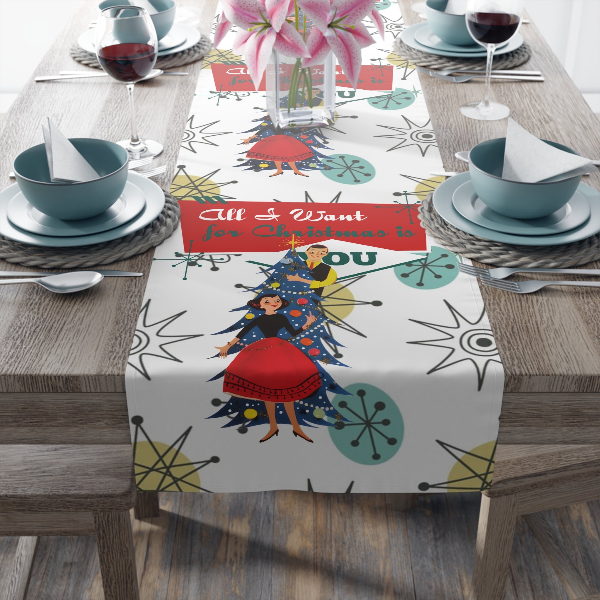All I want For Christmas Is You, Kitschy MCM Christmas Festive Table Runner - Mid Century Modern Gal
