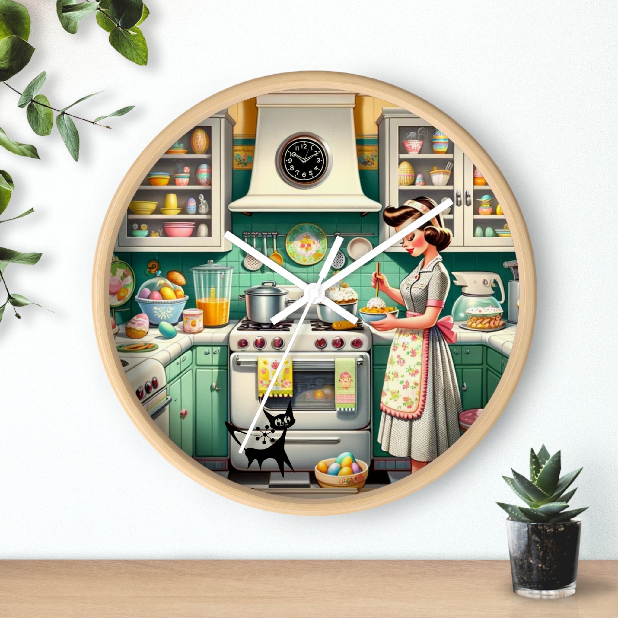 Vintage Kitschy Designed Mid Mod Gal Atomic Cat, Spring Wall Clock with Retro Cooking Design - Mid Century Modern Gal