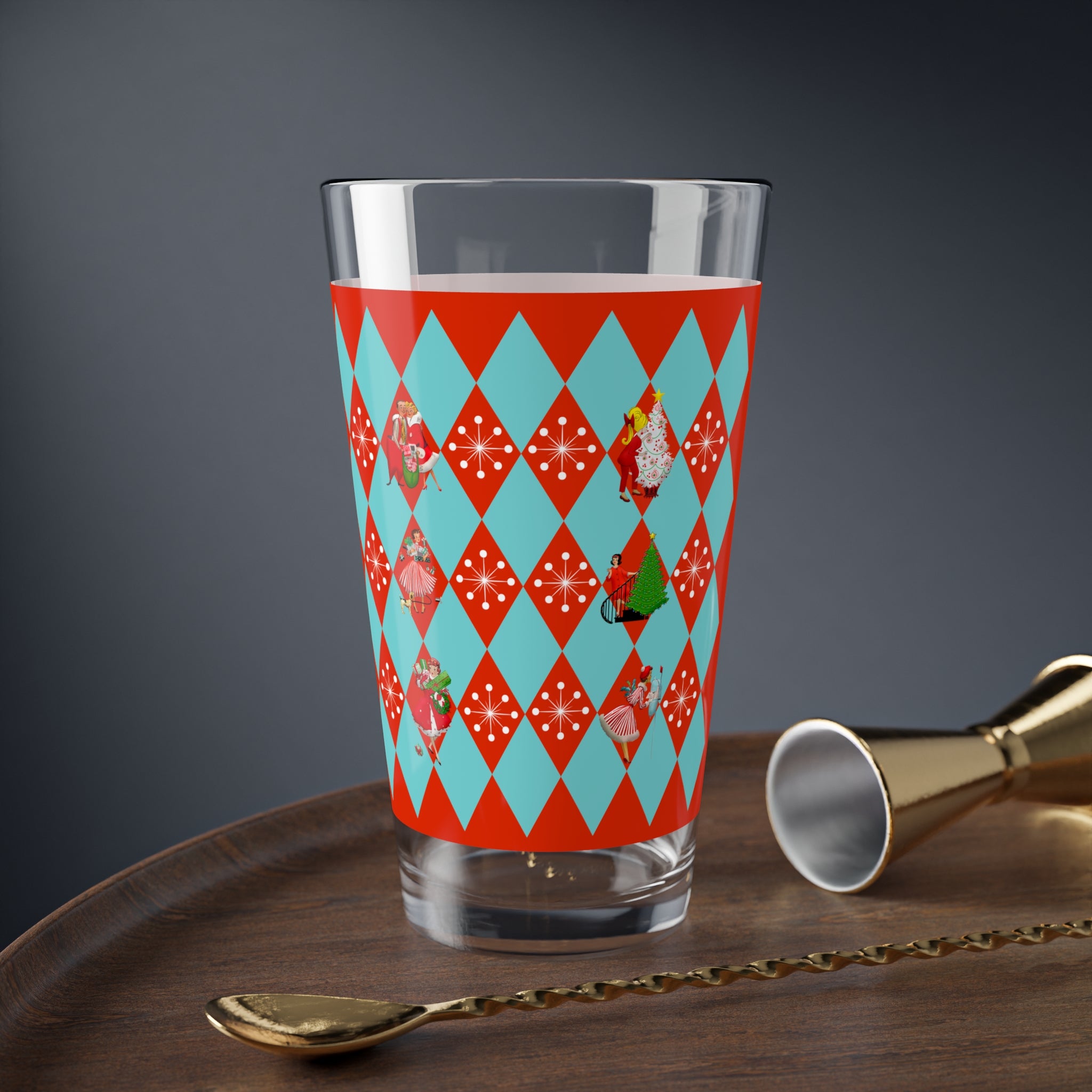 Christmas Glassware, Vintage Kitschy 50s Franciscan Diamond, Aqua Red, Holiday Tableware Mixing Glass, 16oz - Mid Century Modern Gal