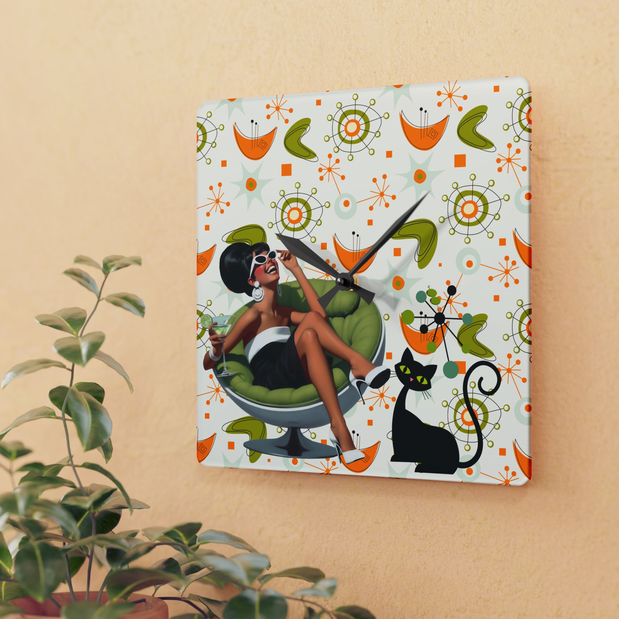 Mid Century Modern Atomic Cat Starburst Retro 60s Vibe Wall Clock - Mid Century Modern Gal