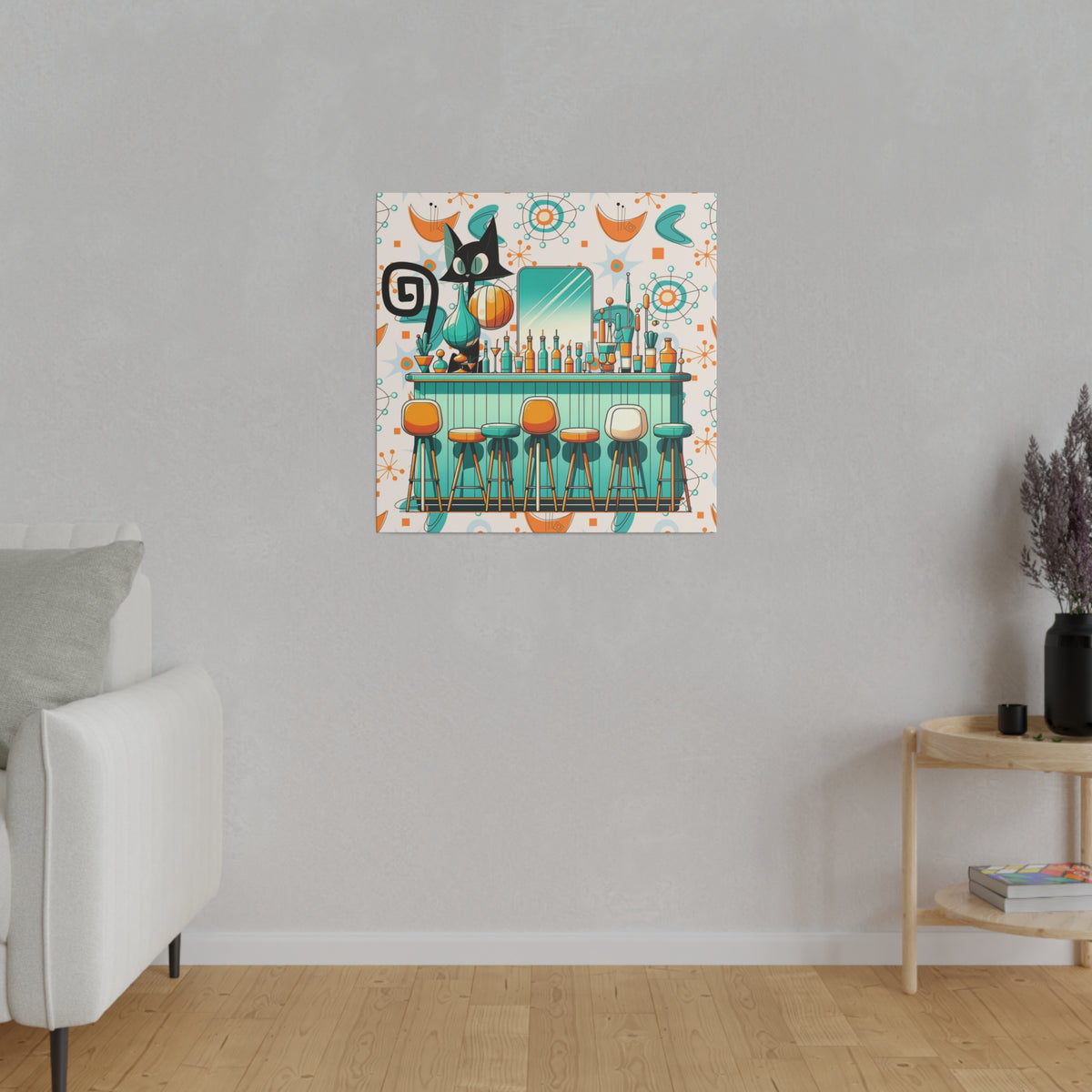 Atomic Cat, Mid Century Modern Kitschy Bar, Orange, Teal Mid Century Modern Wall Art - Mid Century Modern Gal