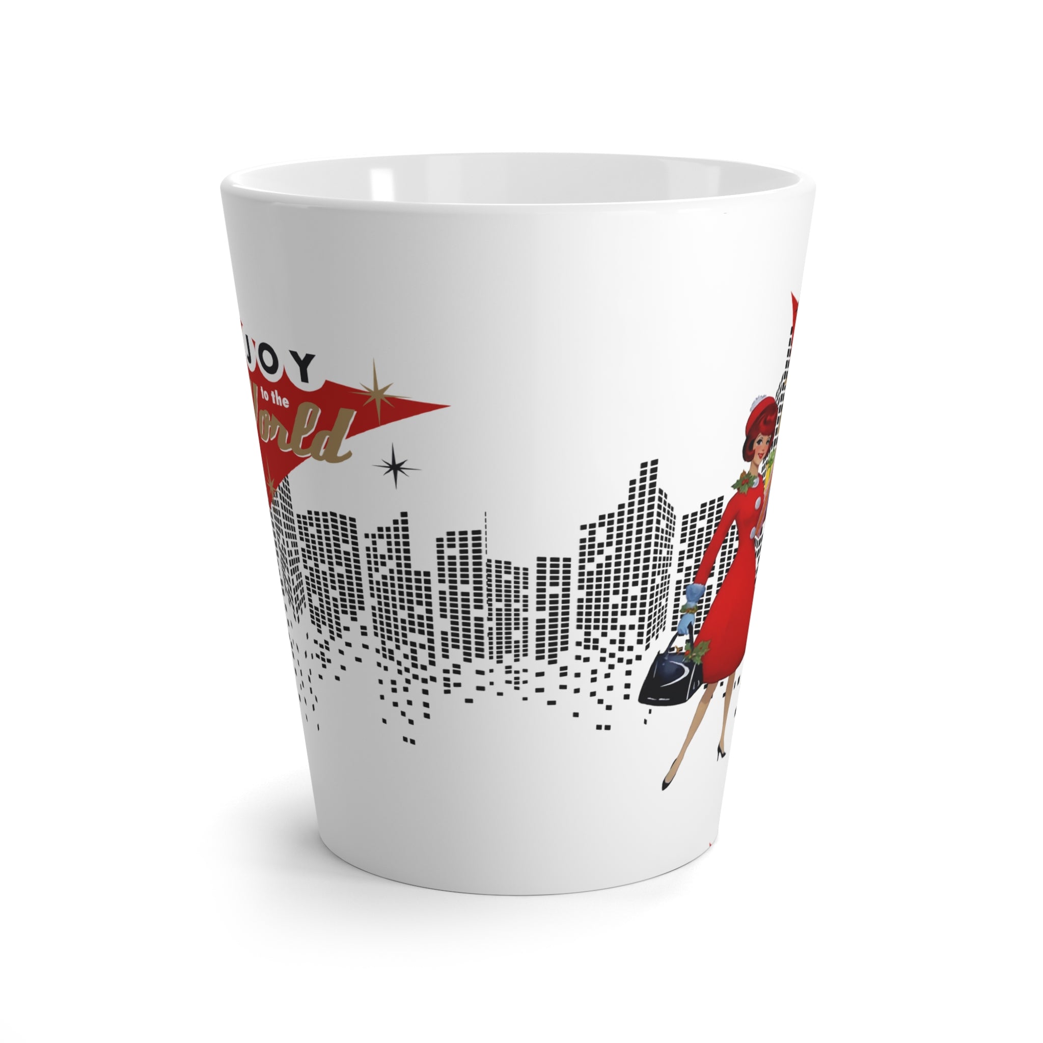 Holiday Kitschy Mod Gal, Mid Century Modern Christmas Vintage Inspired Joy to the World Latte Mug - Mid Century Modern Gal