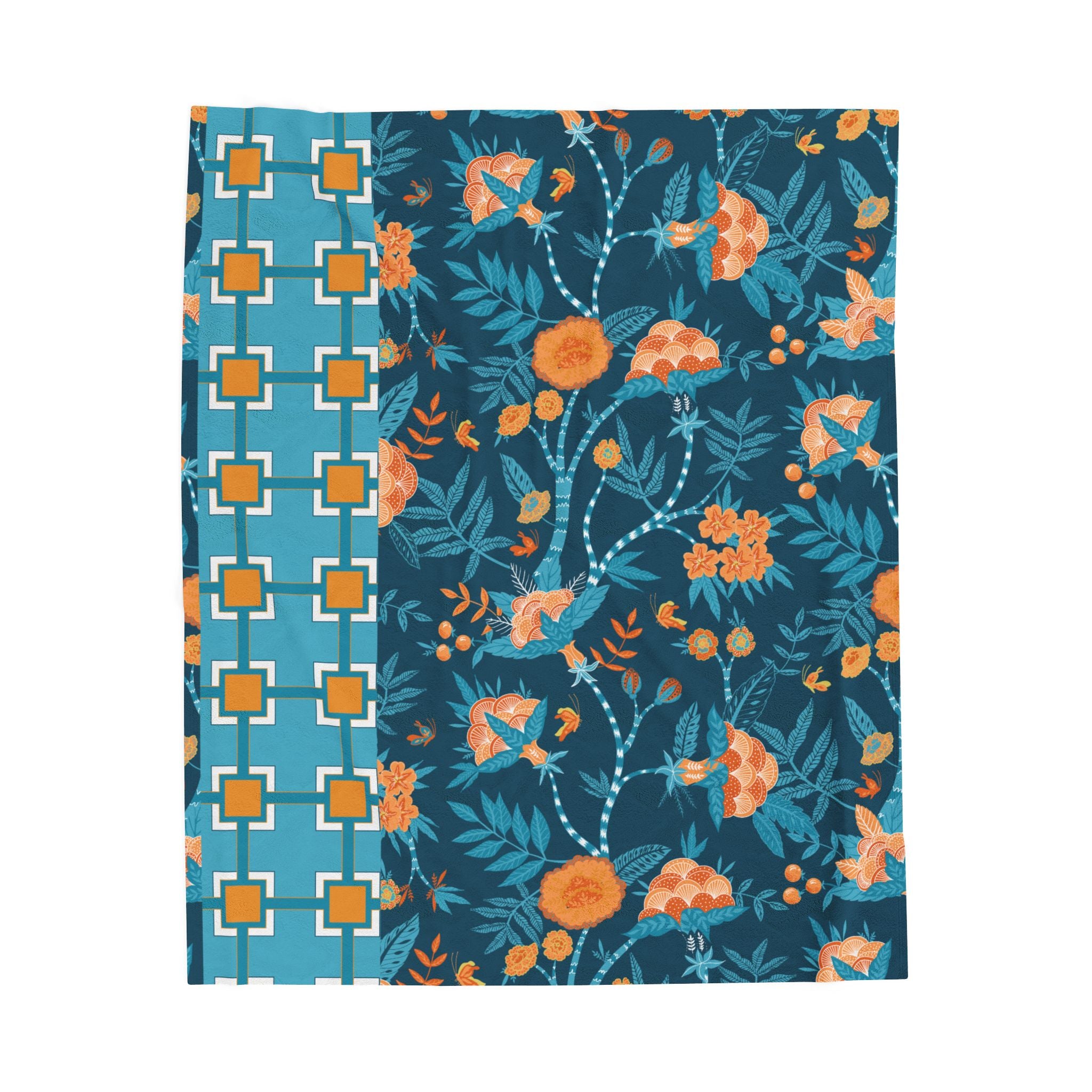 Chinoiserie Throw Blanket Blue, Orange Tropical Floral Velveteen Plush Blanket - Cozy Home Decor for All Seasons - Mid Century Modern Gal