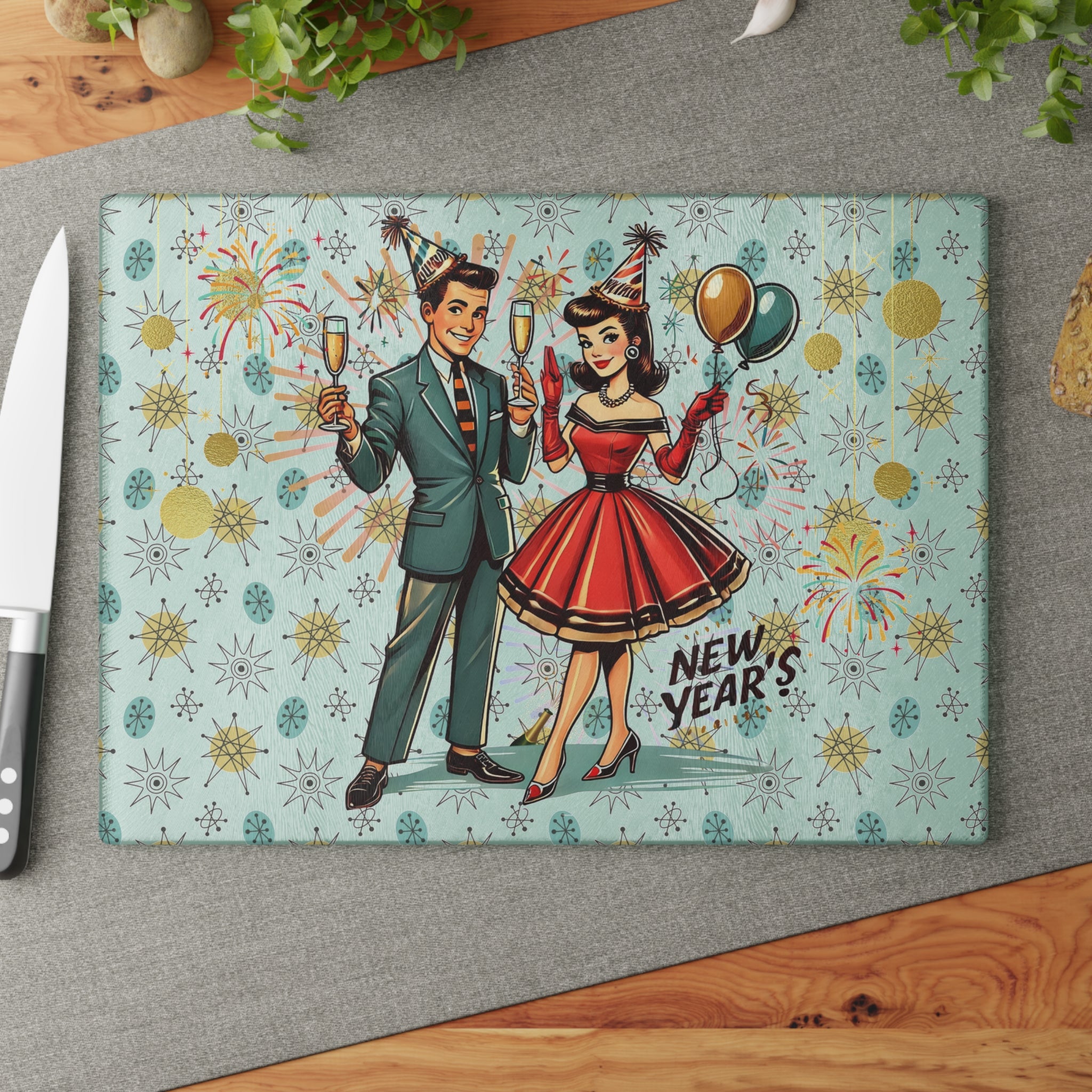 Mid Century Modern Franciscan Diamond Kitschy Couple New Year Party Cheese Board, Glass Cutting Board - Mid Century Modern Gal