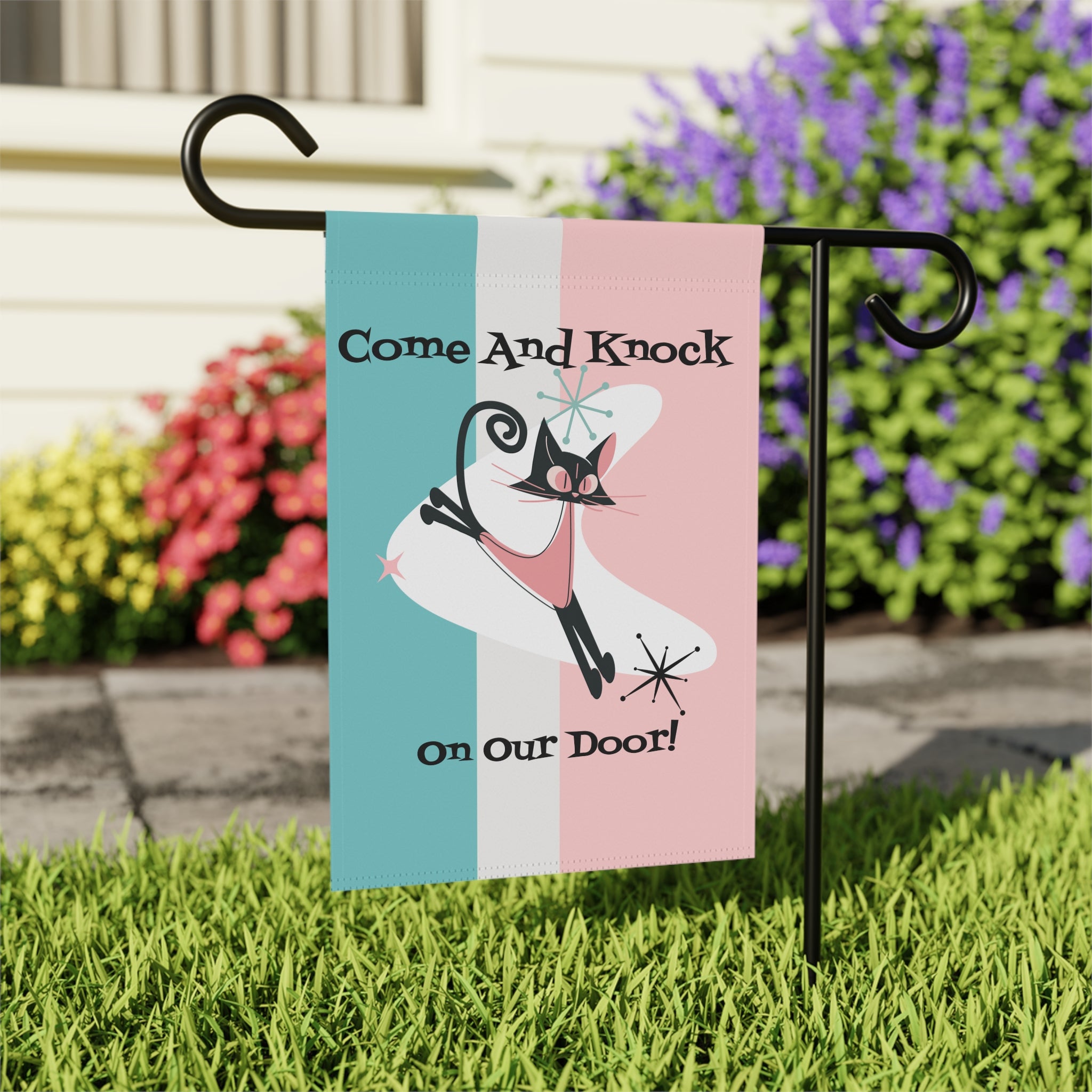 Atomic Cat, Funny Garden & House Banner, Atomic Kittie Cat MCM Style - Mid Century Modern Gal