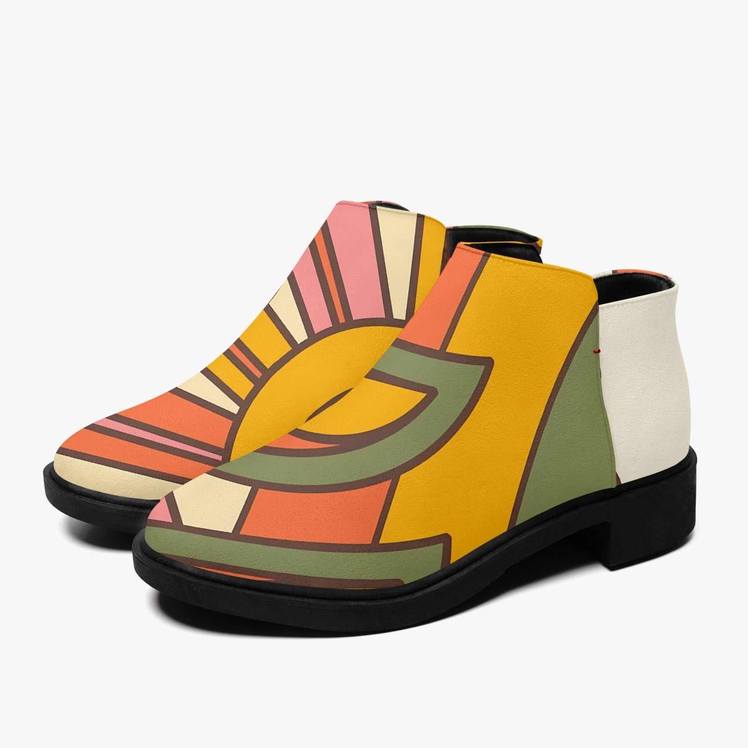 70s Mod Flower Power, Groovy Kitsch Ankle Shoe Boots With Atomic Kittie On Back - Mid Century Modern Gal