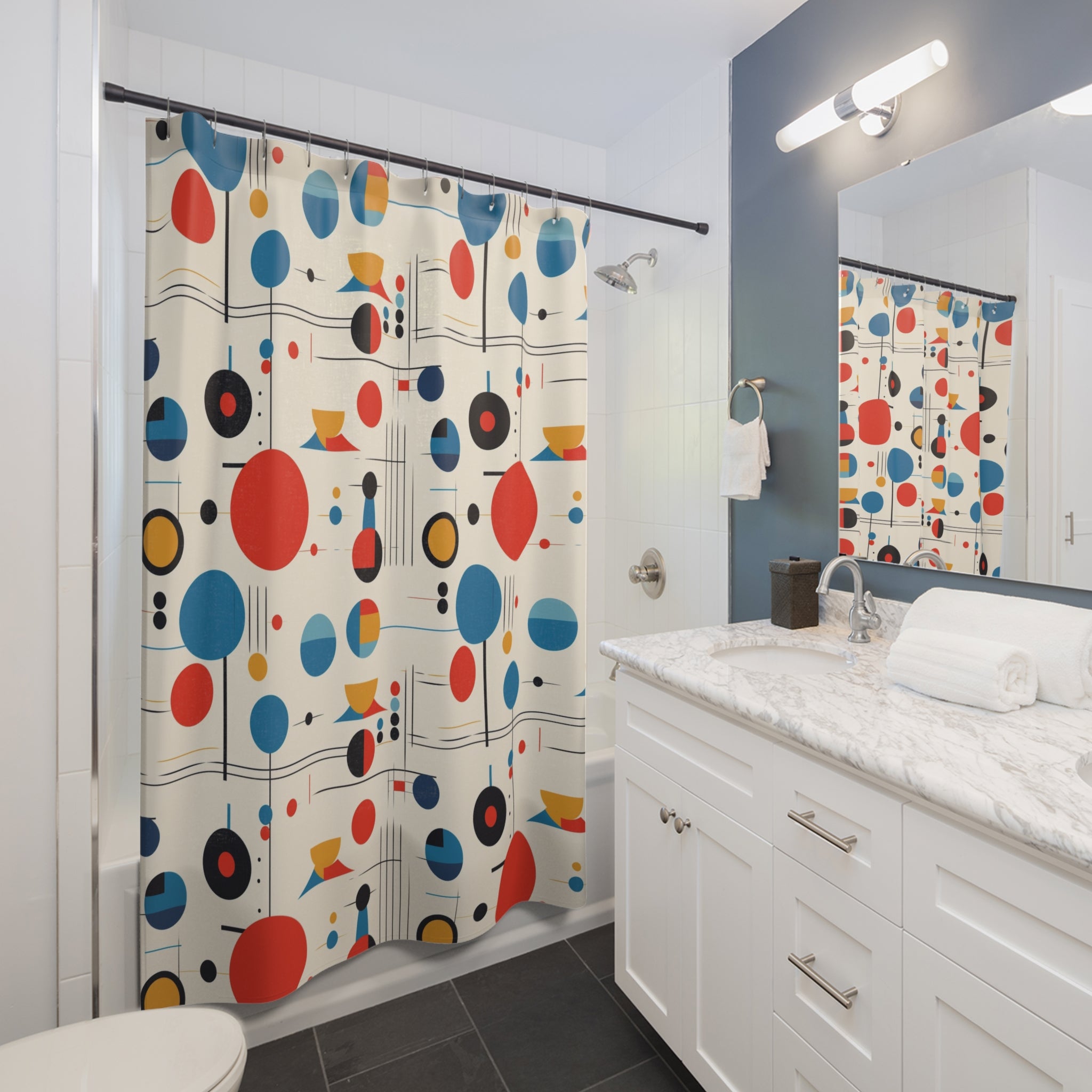 Mid Century Modern Bauhaus Red, Blue, Yellow Geometric Retro Style Shower Curtain - Mid Century Modern Gal