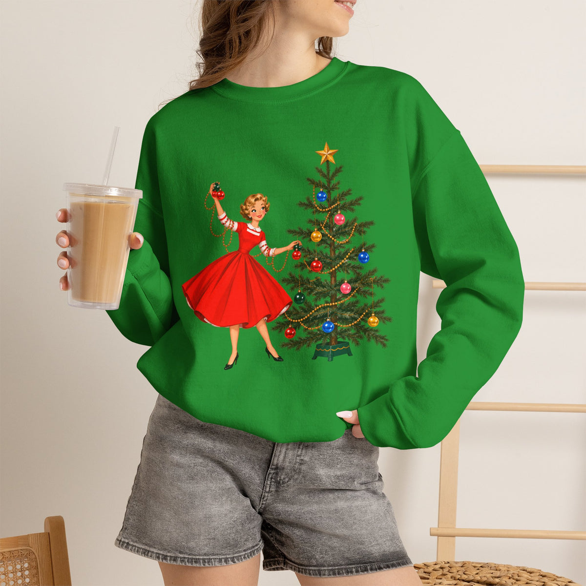 Mid Century Modern Gal Decorating Christmas Tree Unisex Heavy Blend™ Crewneck Sweatshirt - Mid Century Modern Gal