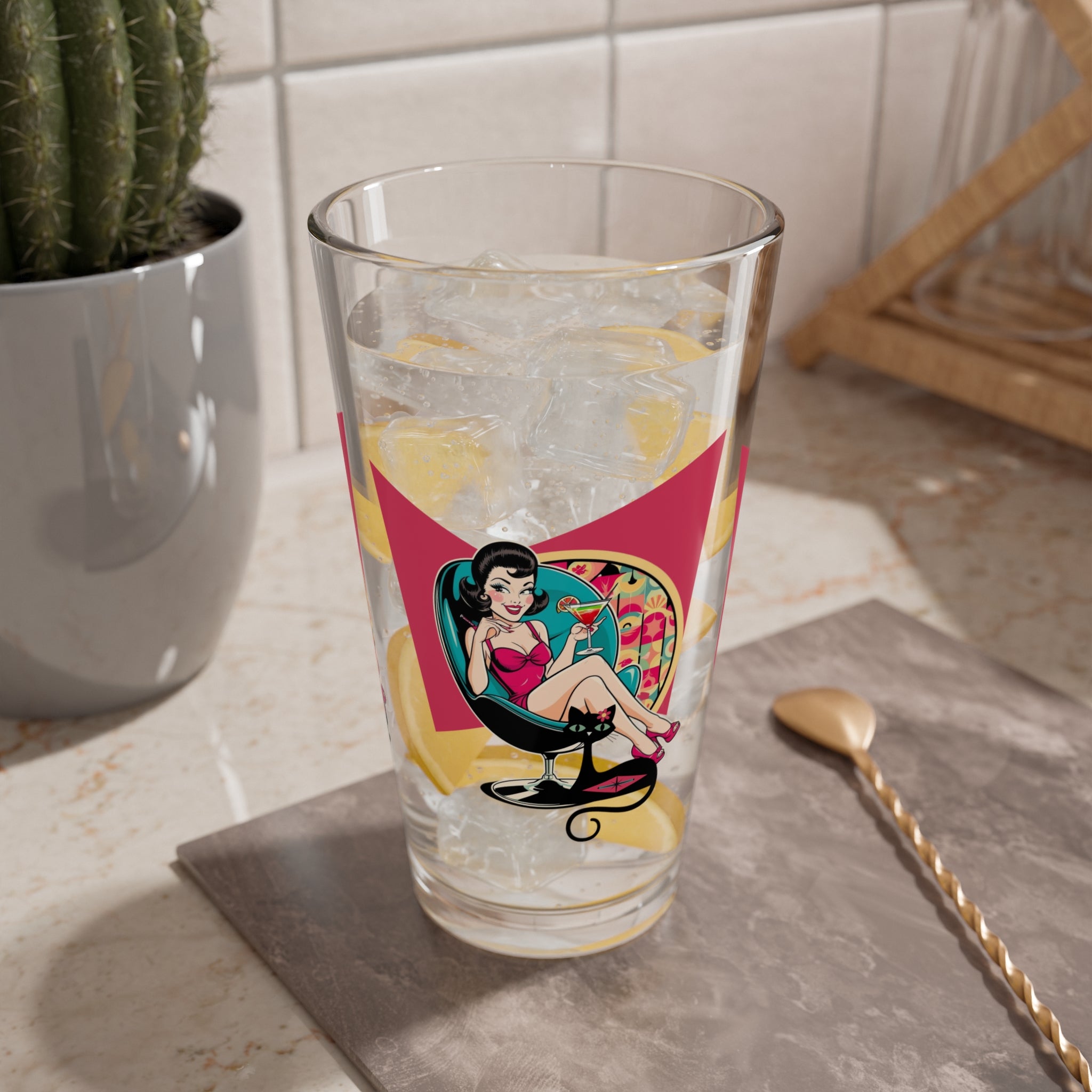 Mid Century Modern Gal Retro Cocktail Glass 16oz - Vintage Pin-Up Design - Mid Century Modern Gal