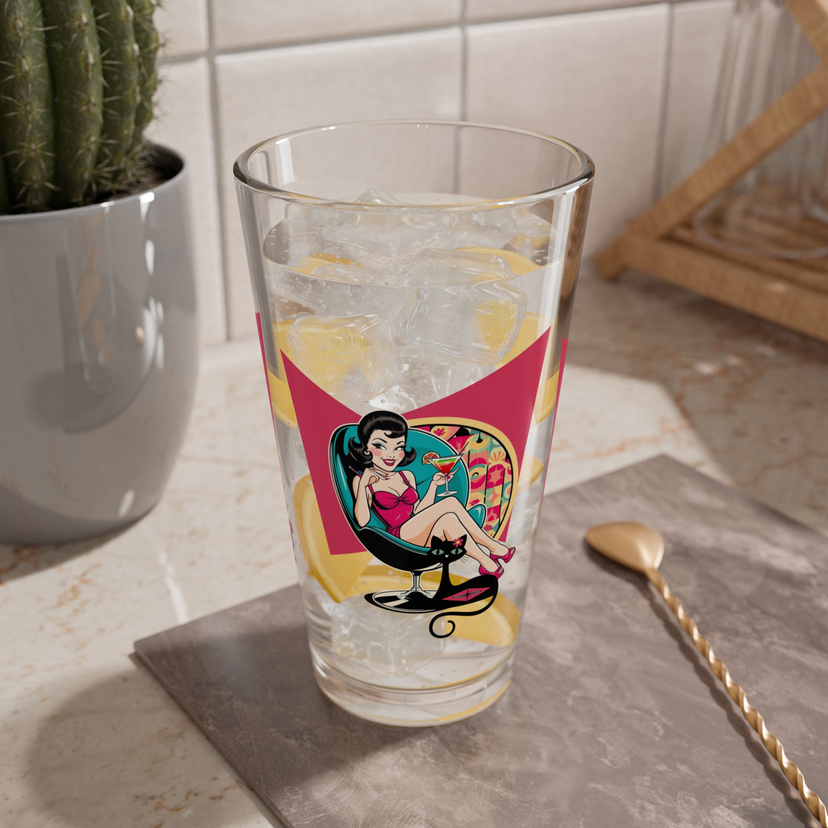 Mid Century Modern Gal Retro Cocktail Glass 16oz - Vintage Pin-Up Design - Mid Century Modern Gal