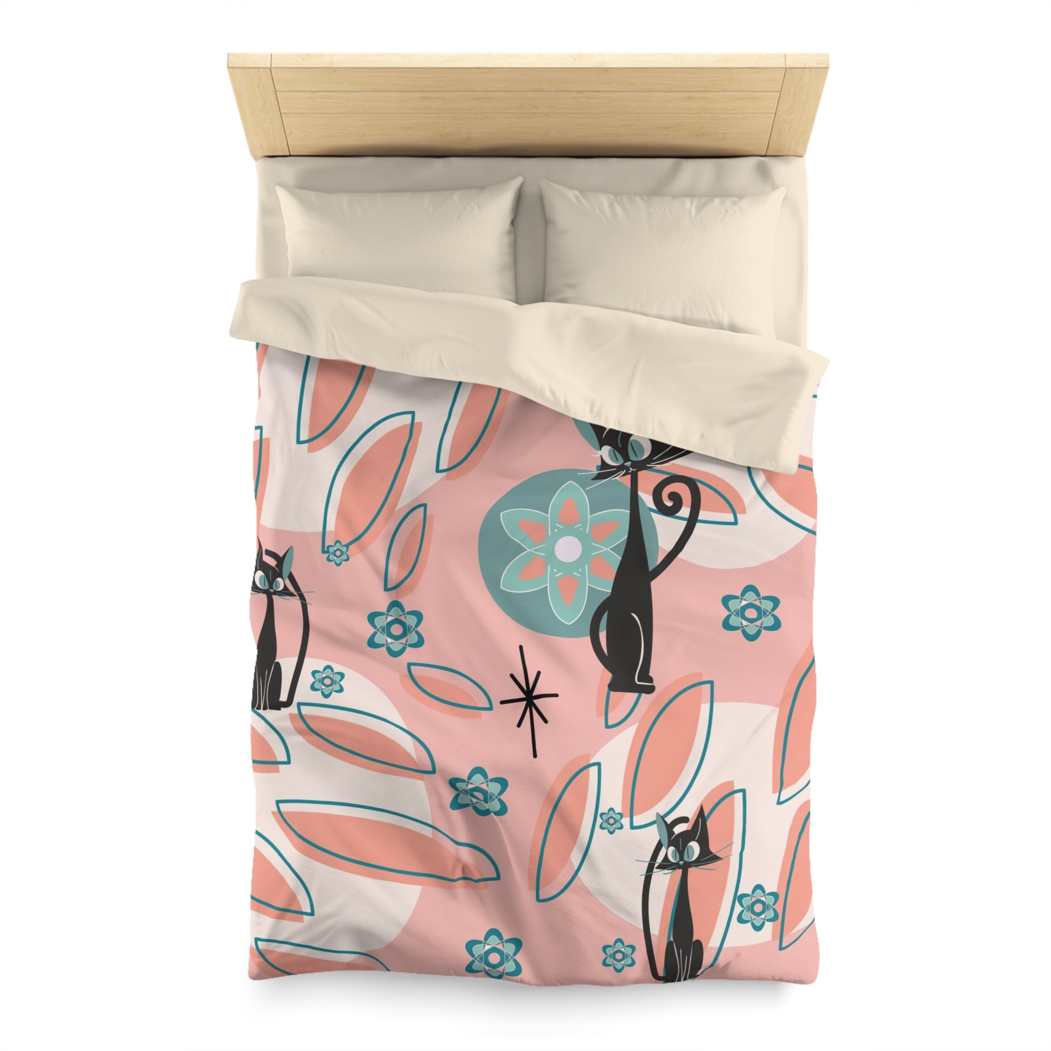 Atomic Cat Mid Century Modern Bedding, Coral Peach, Kitschy Abstract, Atomic Space, MCM Kitschy 50s Duvet Cover - Mid Century Modern Gal