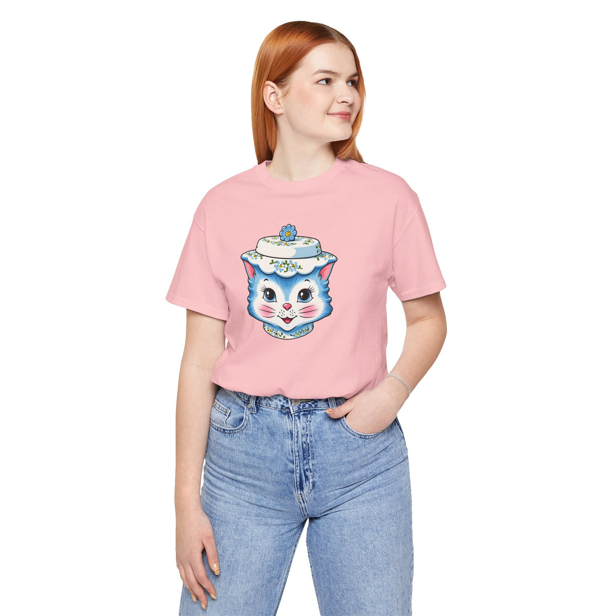 Mid Century Modern Kitschy Anthropomorphic Blue Cat with Floral Hat Unisex T-Shirt